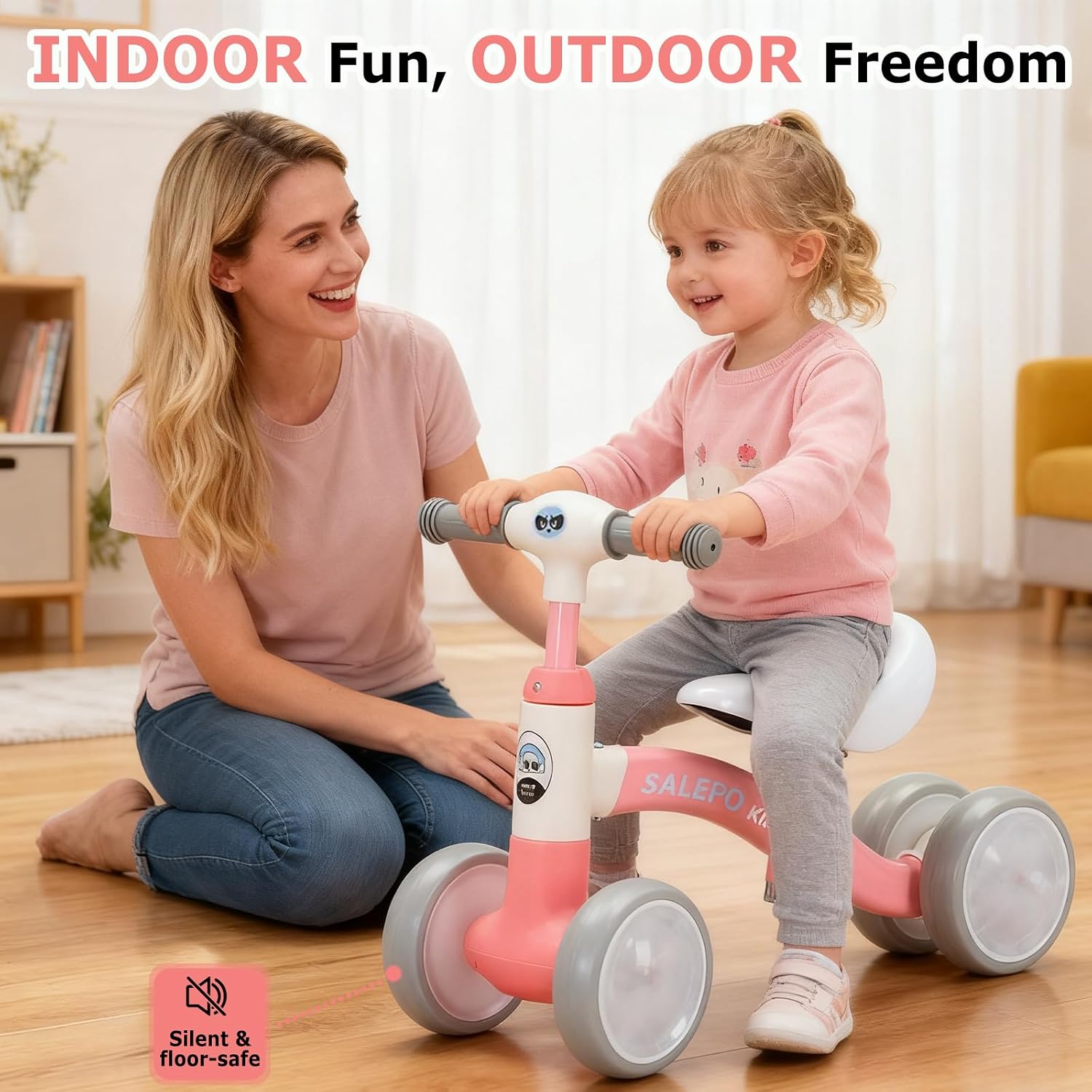 Baby Balance Bike Toy for for 12-36 Months, Toddler Balance Bike with Adjustable Seat, Handle &4 Silence Wheels No Pedal, Pre-School First Ride for Boy Girl First Birthday Gift