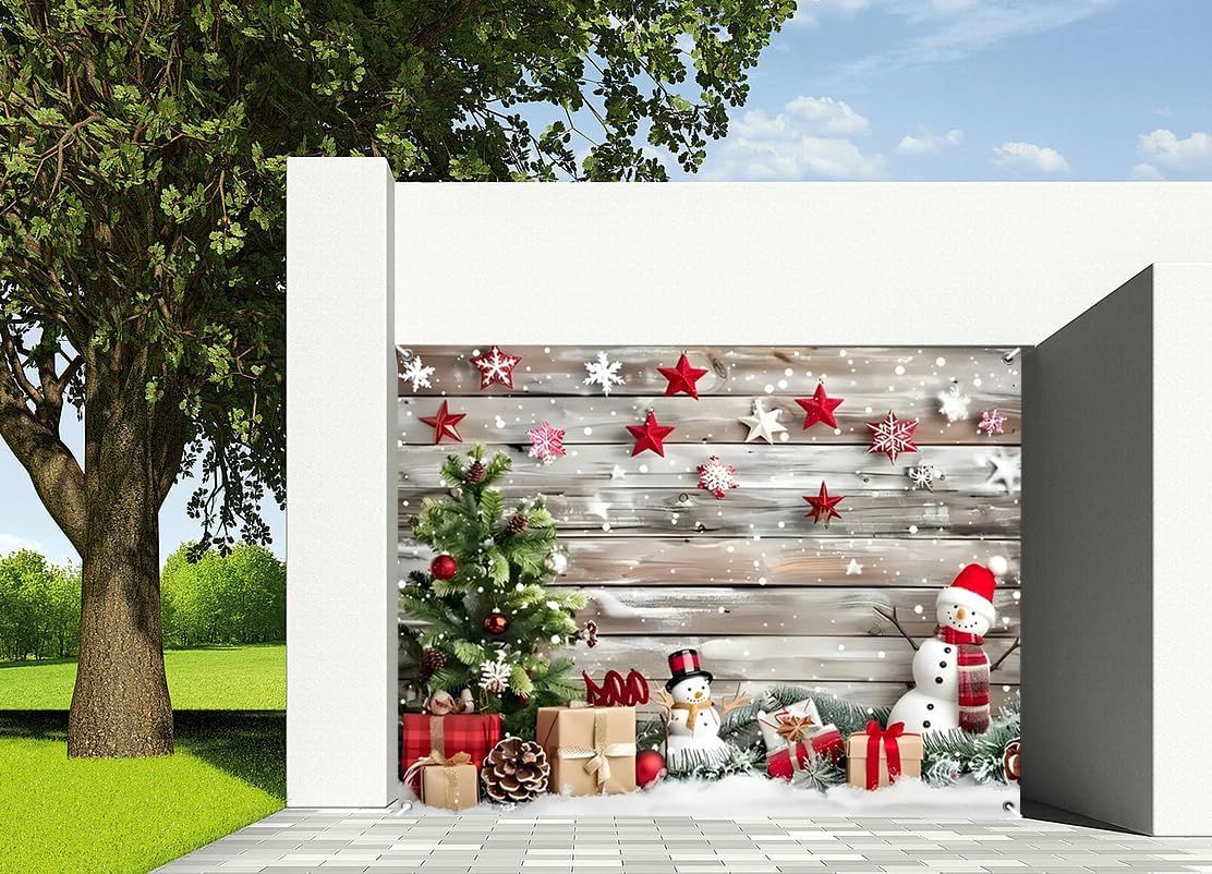 7x8ft Christmas Snowman Garage Door Decor Red Gifts Stars Xmas Trees White Snowflakes Wooden Plank Background Garage Door Cover for Family Holiday Photo Shoot Studio Props