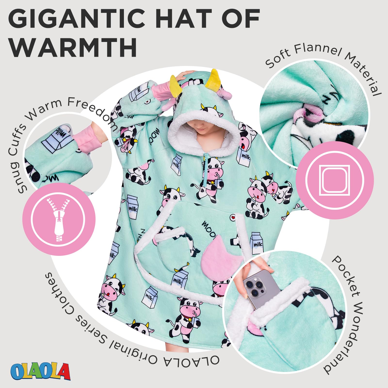 OLAOLA Cow Wearable Blanket Hoodie for Adults Oversized Fleece Sherpa Sweatshirt - Image 2