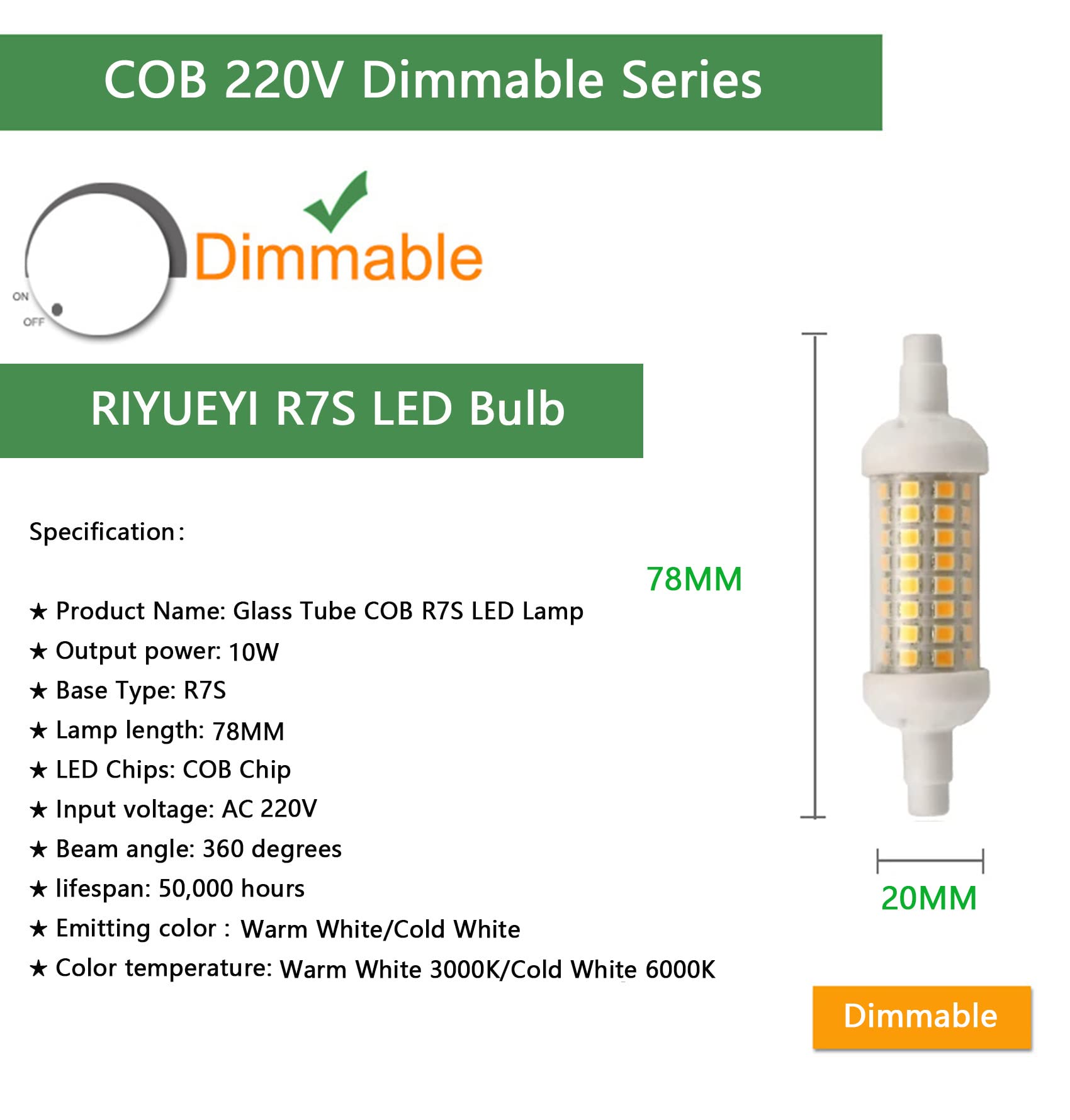 Żarówka LED 78MM R7S Możliwość przyciemniania 10W, żarówka liniowa LED 1000LM, odpowiednik halogenu 100W R7S, ciepła biel 3000K, 220-230V, typ J, 10 paczek,Cold white 6000k,10W 220V