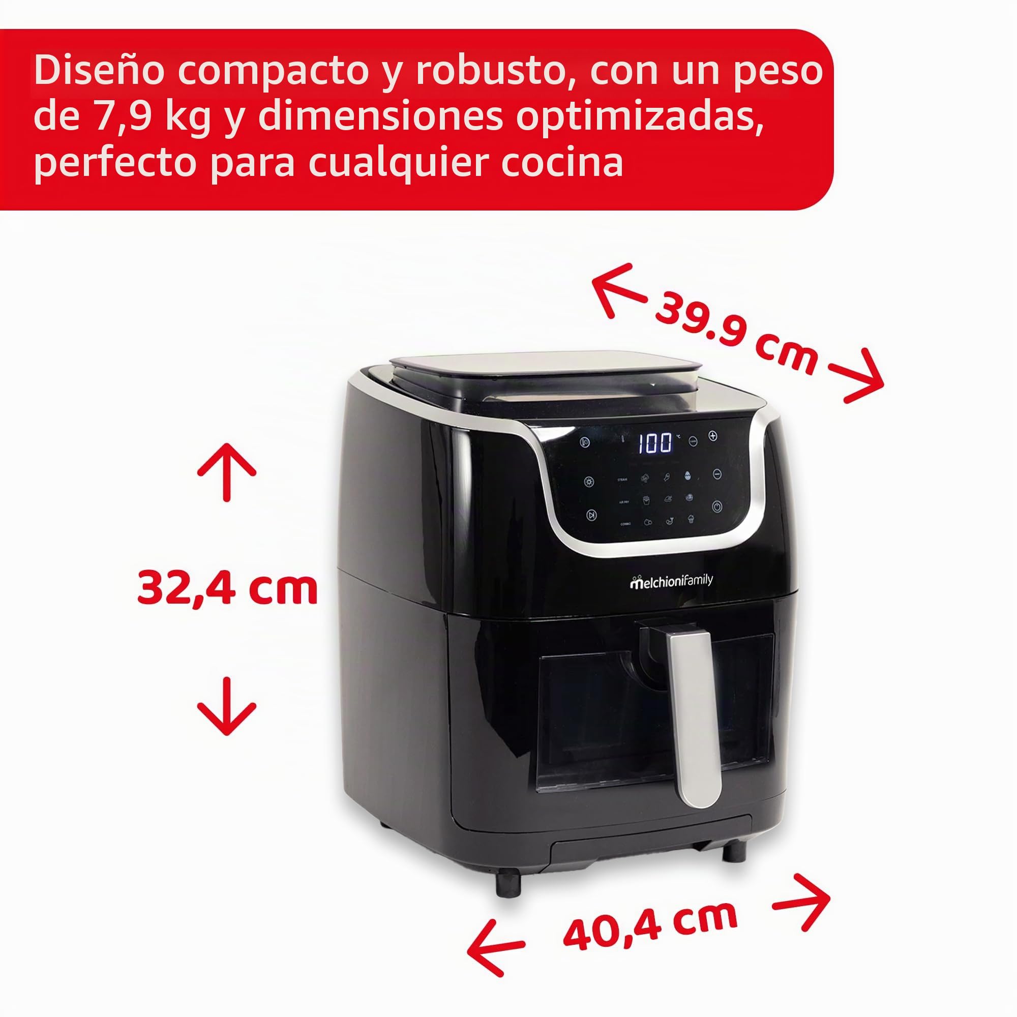 Freidora de Aire Melchioni Gioia 3in1 con Función de Cocción al Vapor, Capacidad de 6,5L, Pantalla Táctil, 30 Programas Preestablecidos, Temporizador y Temperatura Regulable, Potencia de 1700W.