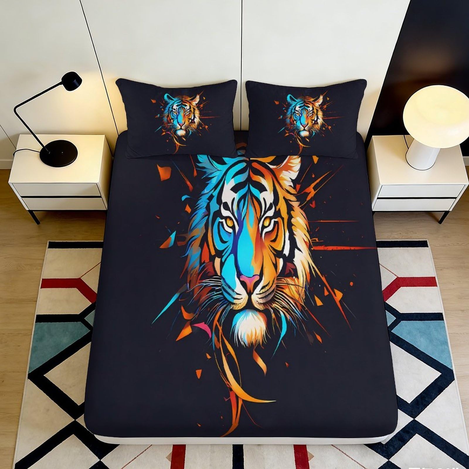 3D Printed tiger design Fitted Sheet, soft touch Microfiber, wrinkle resistant, guest room bedding, stylish home decor, easy care 200x200x25cm