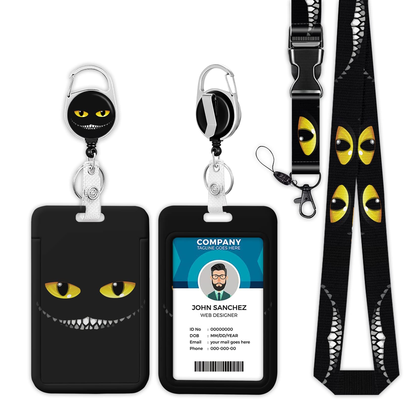 OnevenviBlack Cat Lanyards for Id Badges, ID Badge Holder Cat, Retractable ID Badge Holder with Detachable Lanyard, Cat Smile Badge Reel, Nurse Teacher Office