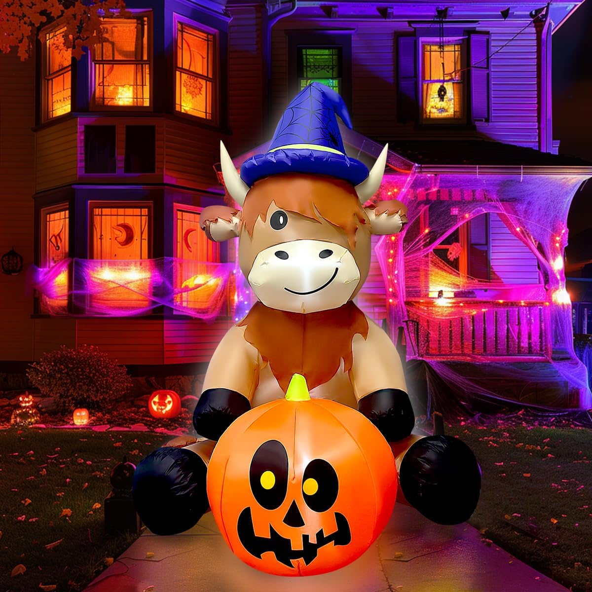 5FT Halloween Inflatable Witch Hat Highland Cow Holding Pumpkin Decorations Built-in LED Lighted Blow Up Decoration Home Yard Outdoor Indoor Garden Lawn Decor