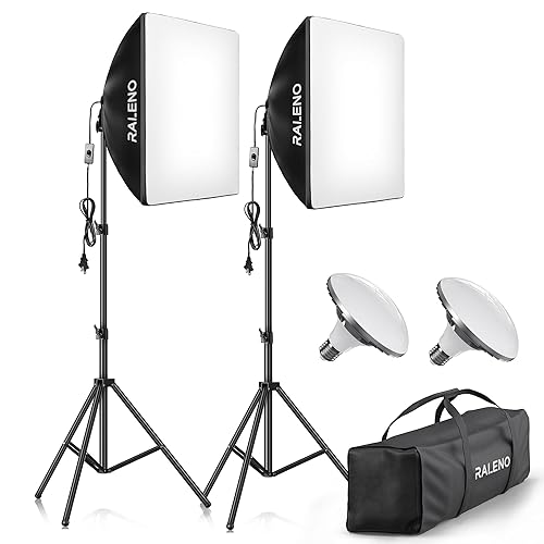 RALENO Softbox Lighting Kit, 2 x 50x50cm Photography Studio Lighting with 50W LED Bulbs, 5500K 97 CRI Continuous Lighting Kit Photo Equipment for Video Recording, Portraits, Product Shooting - Black