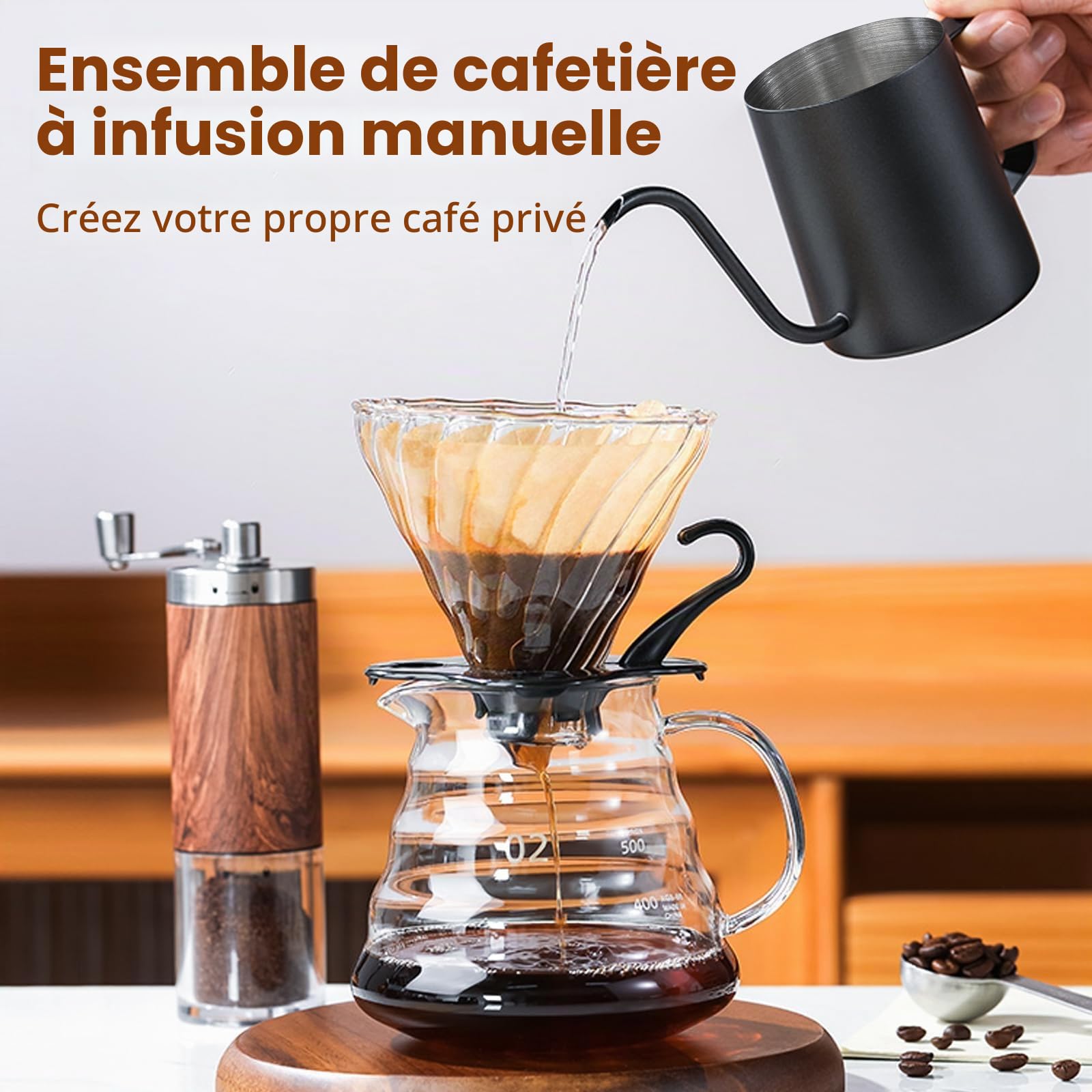 Ensemble de moulin à café manuel de 7 pièces,ensemble d'outils de brassage de café portable,Coffee Grinder Degré avec bouilloire 600ml,Mouture Réglable,Outdoor Travel Picnic（100 filtres）