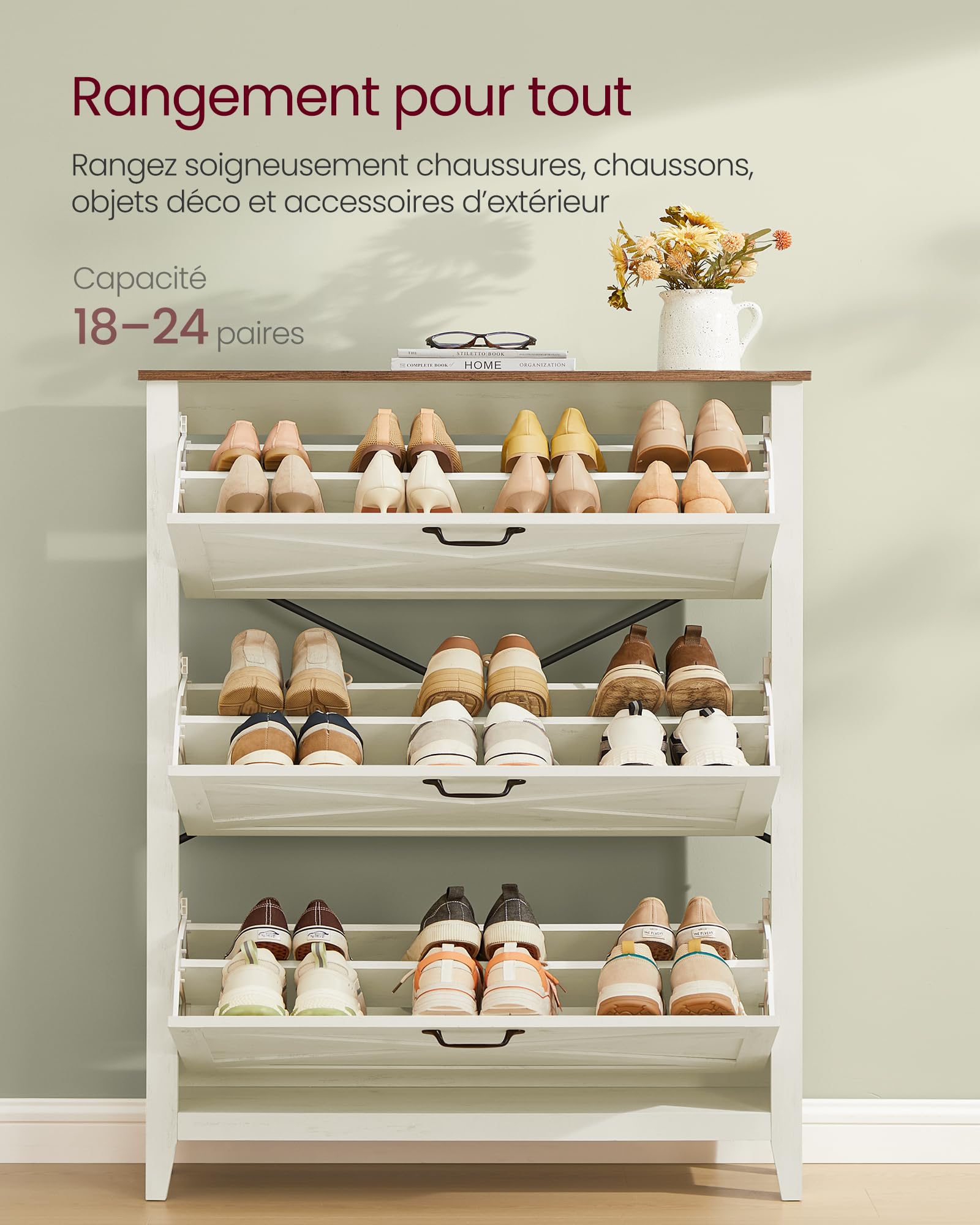 VASAGLE LIRY Collection - Meuble à Chaussures à 3 Abattants, Placard de Rangement Autoportant, Étroit, pour Entrée, Style Campagne, Capacité de 18 à 24 Paires, Blanc Rustique HSC301W02