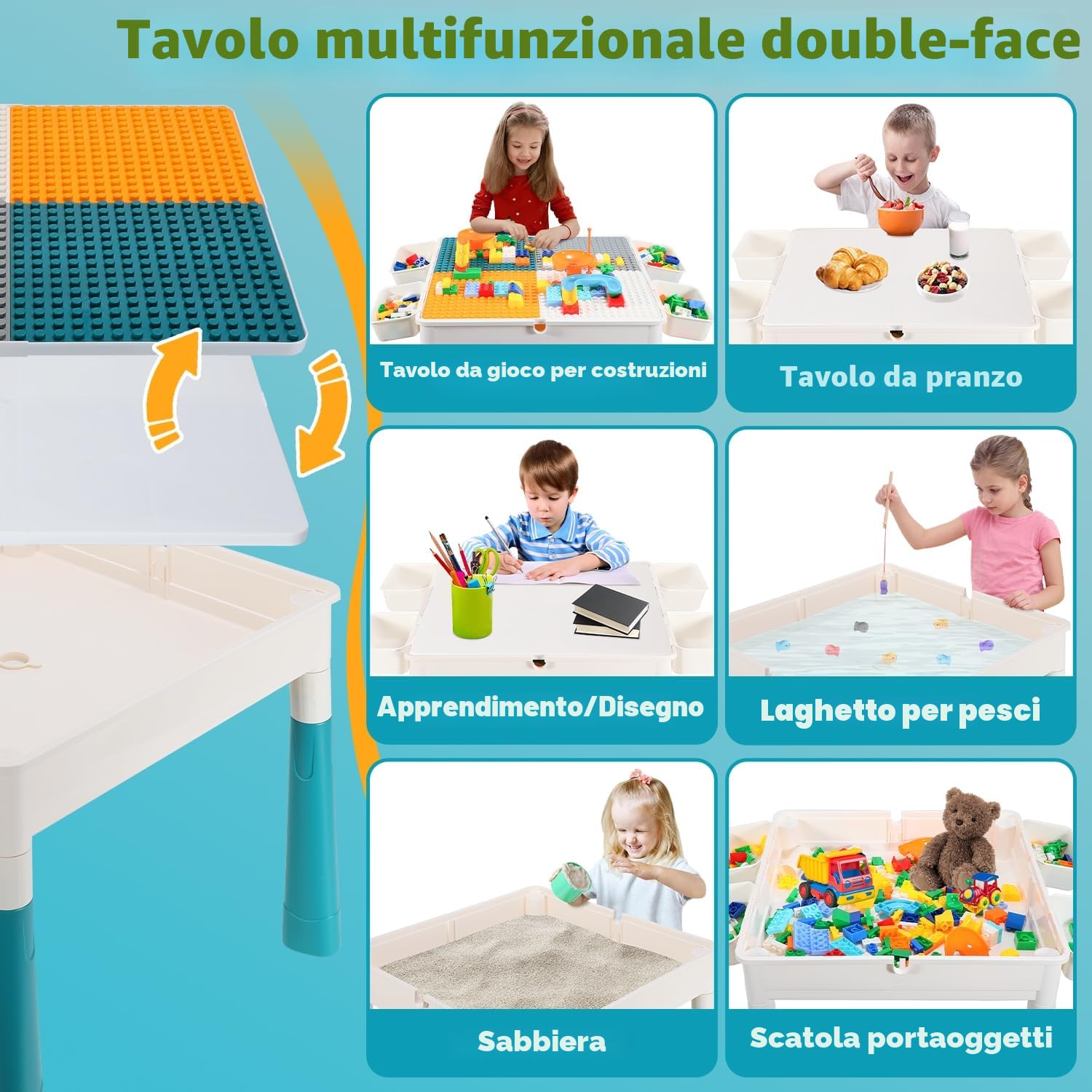 Tavolo Attività per Bambini Ansobea, Set Tavolo e Sedie per Bambini con Altezza Regolabile, 251 Pezzi di Mattoncini Compatibili Gioco Include 2 Sedie e Ampio Spazio di Stoccaggio, Tavolo per Bambini
