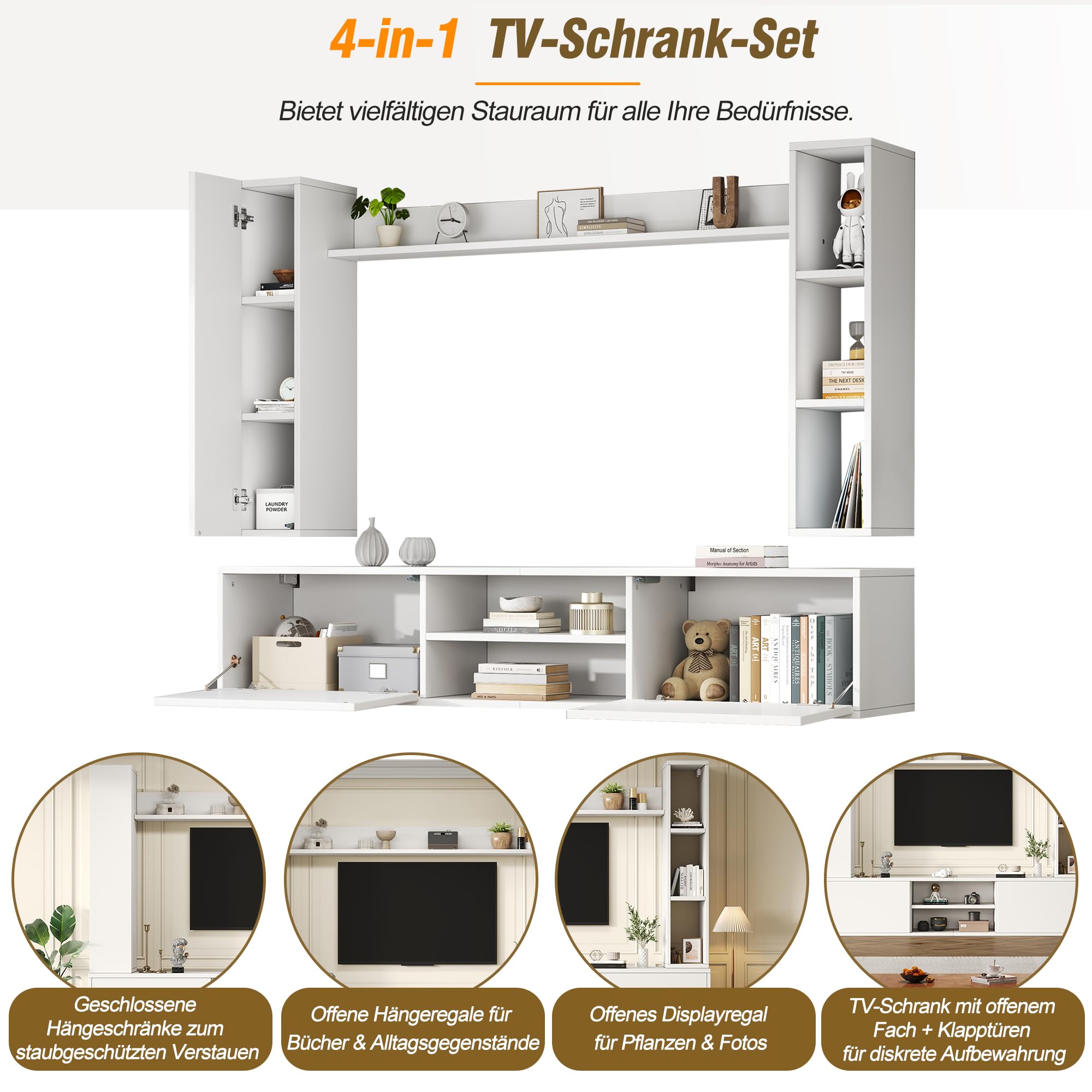 Merax Wohnwand Wohnzimmer 4-Teilig Set, Wohnzimmer Möbel Set, TV Lowboard, Wandregal, 2 Wandschrank, Vitrine Hängend oder Stehend, Wohnzimmermöbel Komplett, Elegante Schrankwand, Mediawand, Weiß
