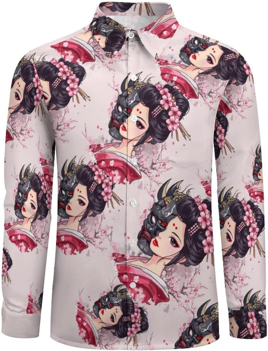 Japanese Geisha Ghost Mask Printed Long Sleeve Shirts Casual Dress Shirt Button-down T-shirts for Men