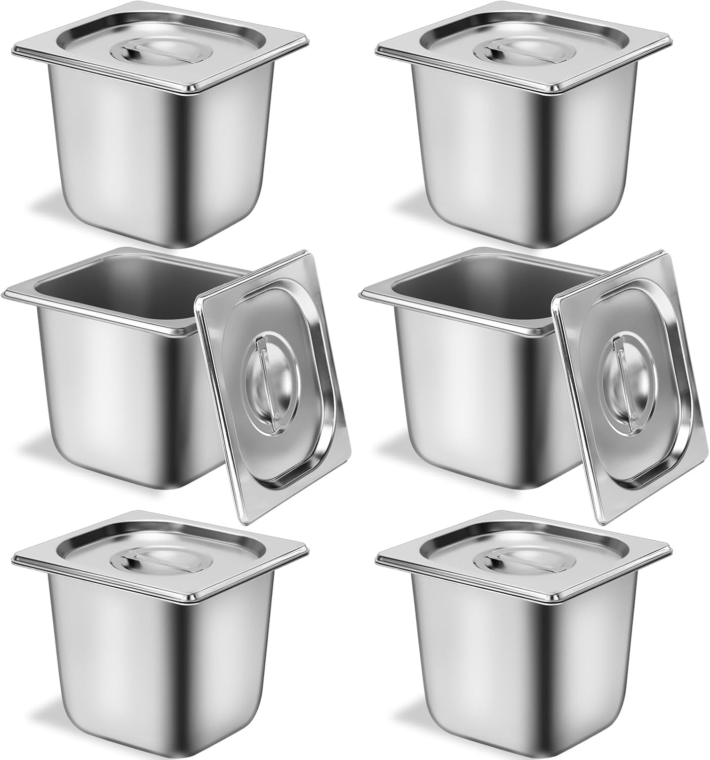 Lot de 6 Pans Gastro en Acier Inoxydable avec Couvercles, Pans de Table à Vapeur 15cm de Profondeur, Contenants Alimentaires Anti-Jam pour Service de Restauration, Buffet, Restaurant, Hôtel Taille 1/6