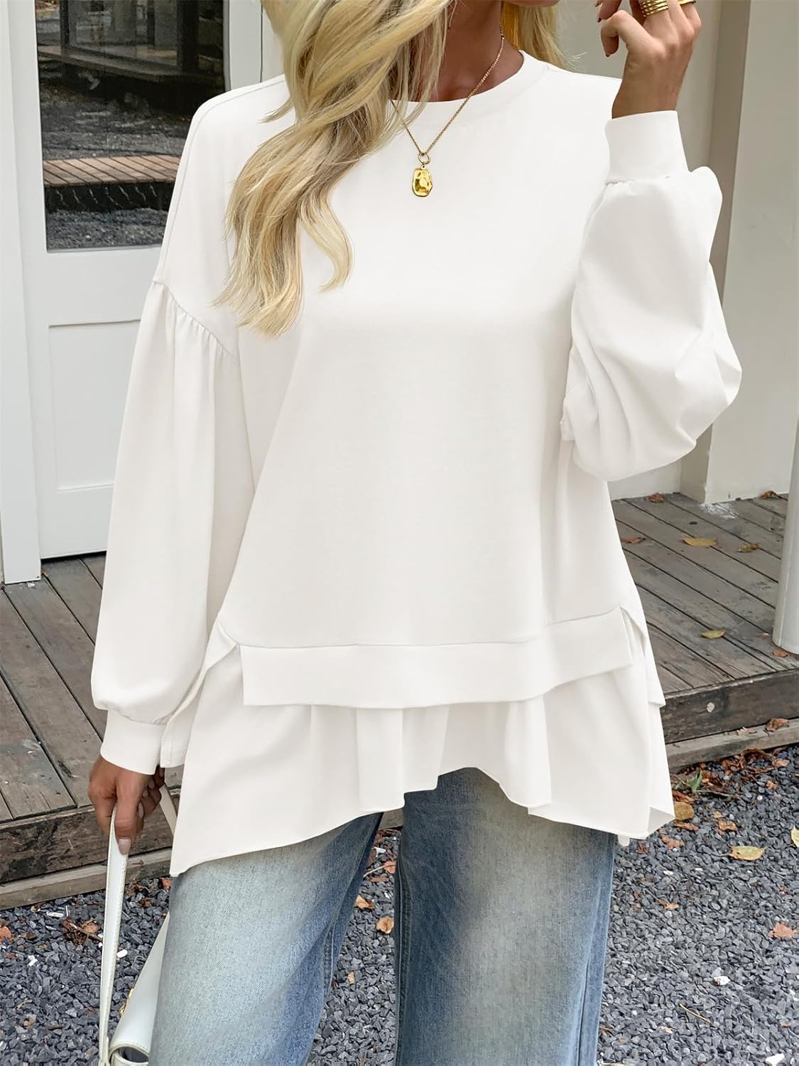 Tankaneo Womens Oversized Tops Peplum Puff Long Sleeve Shirts Trendy Casual Loose Fit Crew Neck Tunic Shirts - Image 5