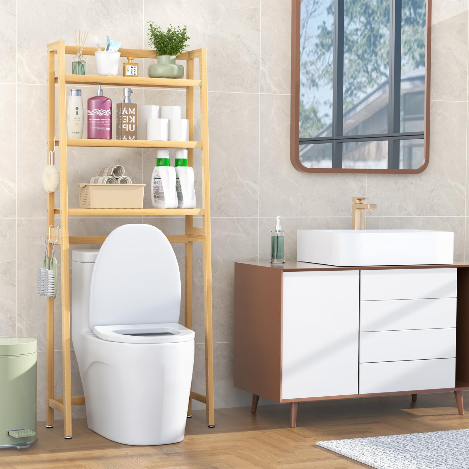VASMIA Estante de Almacenamiento para baño, Organizador de bambú sobre el Inodoro, Ahorro de Espacio para Inodoro Independiente con estantes Ajustables de 3 Niveles, Natural