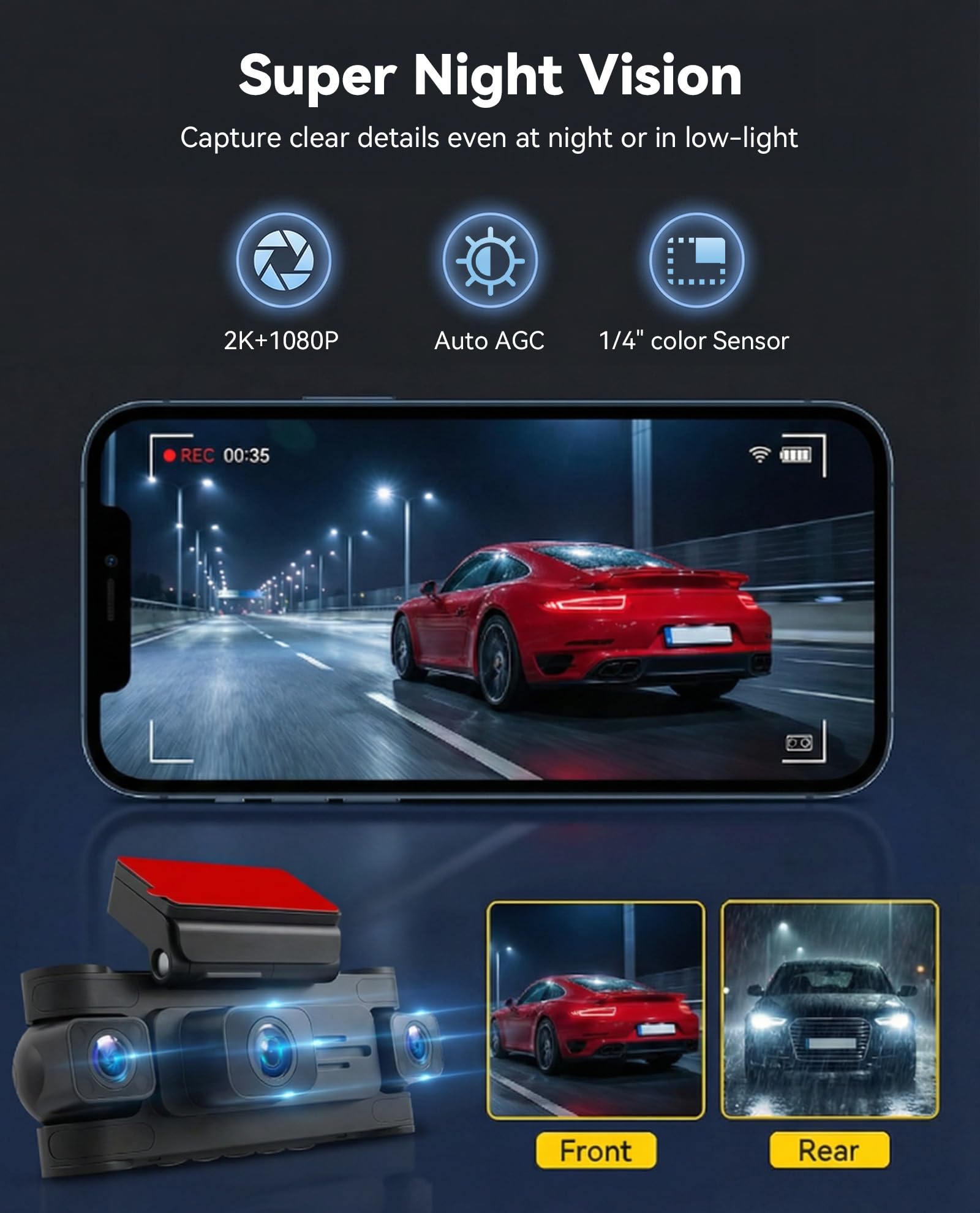 SIXWIN 360° Dashcam 2K con Pantalla de 3", Cámara para Auto con 2K + 3 x 1080P, Visión Nocturna, WiFi, Control por App, GPS, Sensor G, Estacionamiento 24/7, Grabación en Bucle, Universal