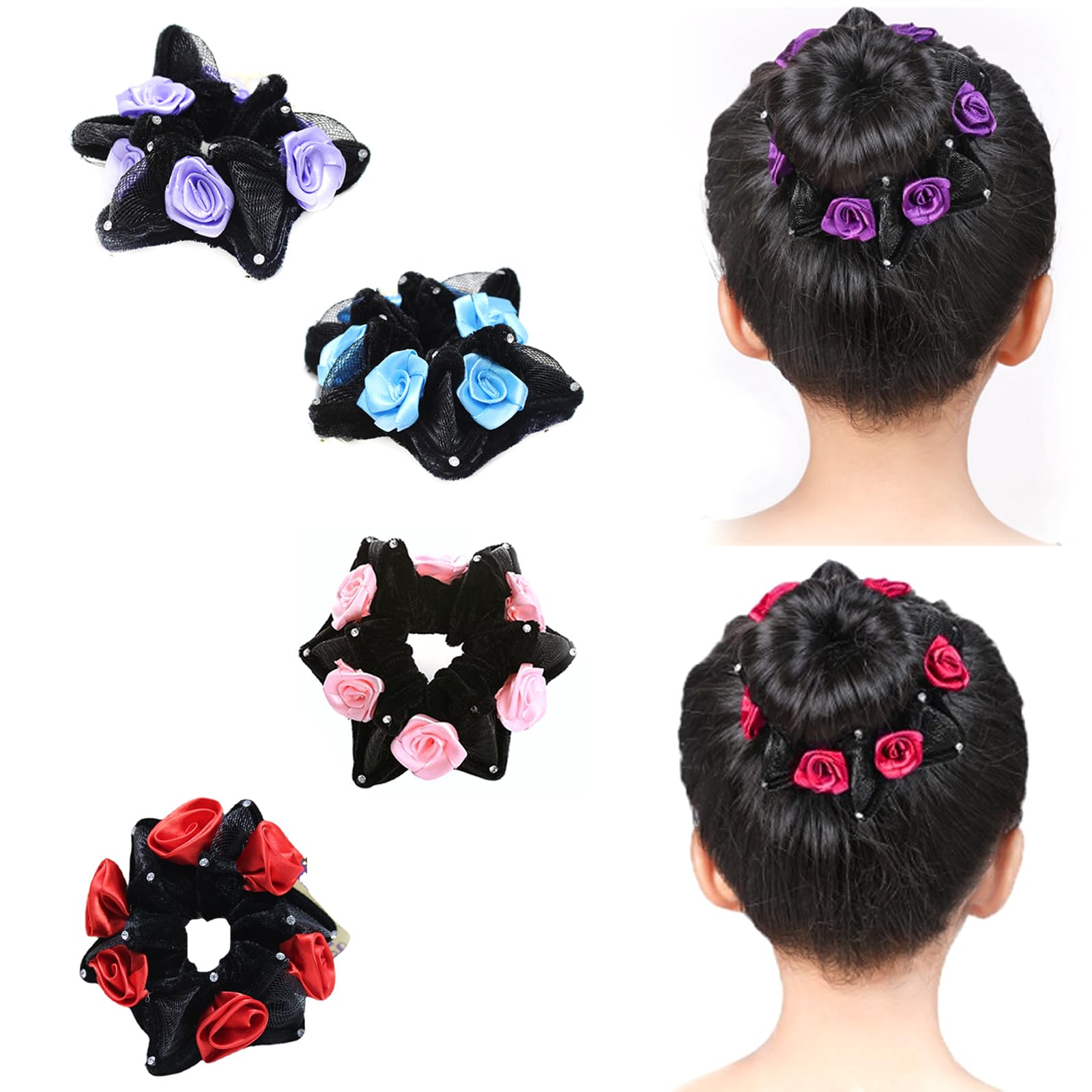 AsggBah 4pcs Colored Hexagonal Hair Bows Hair Scrunchies for Girls Strong Elastic Hair Ties with Flowers Deco for Dancers Skating (Red+Blue+Purple+