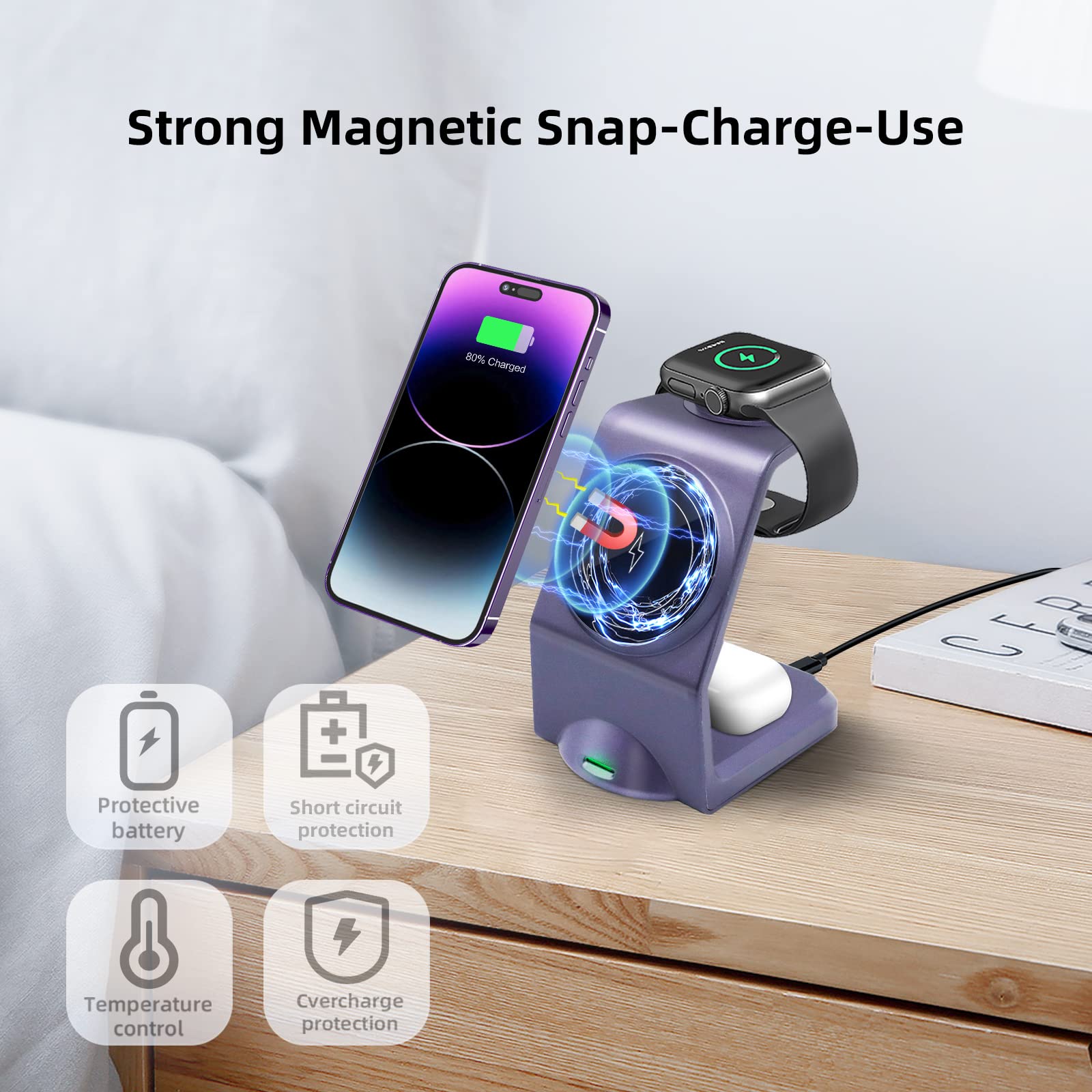 Station de charge magnétique 3 en 1 sans fil pour Apple - Plusieurs appareils - Pour Apple -15/14 Pro Max, iWatch Ultra/8/se/7/6/5/4/3/2, AirPods2/Pro