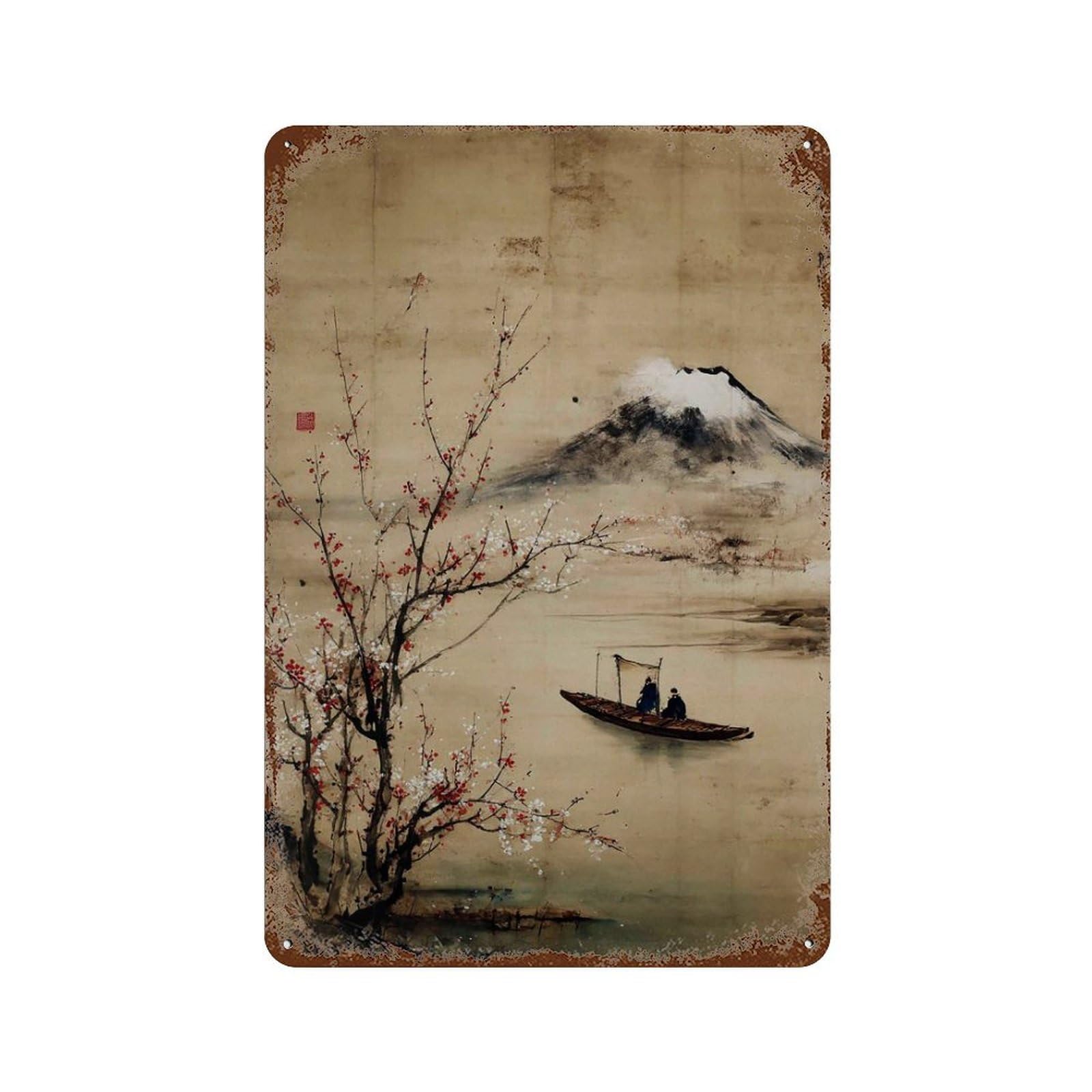 xiaoxiaoshen Japanese Landscape Mount Fuji Cherry Blossom Ink Painting Traditional Asian Rive Wall Decor Art Metal Tin Poster Modern Home Decor Art Home Bar Shop Decorations Vintage Sign 30x20cm