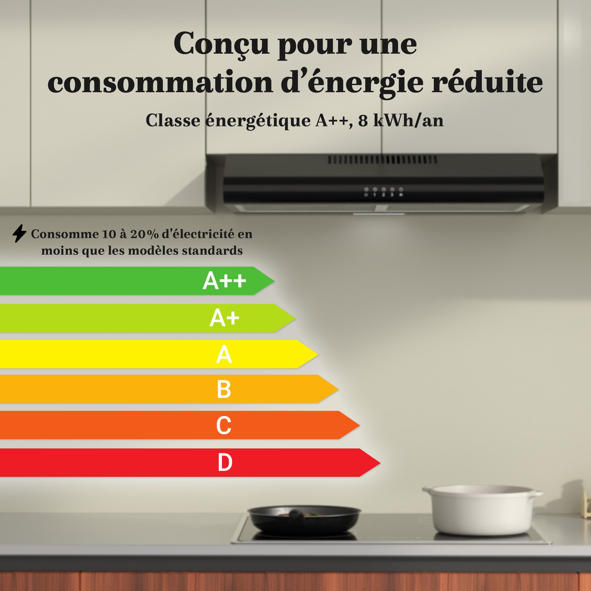 FIREGAS Hotte Aspirante 60cm Noire A++, Moteur Brushless Silencieuse 46dB, Débit 319m³/h, Hotte Cuisine avec Filtres à Charbon, Évacuation Top/Arrière ou Recyclage