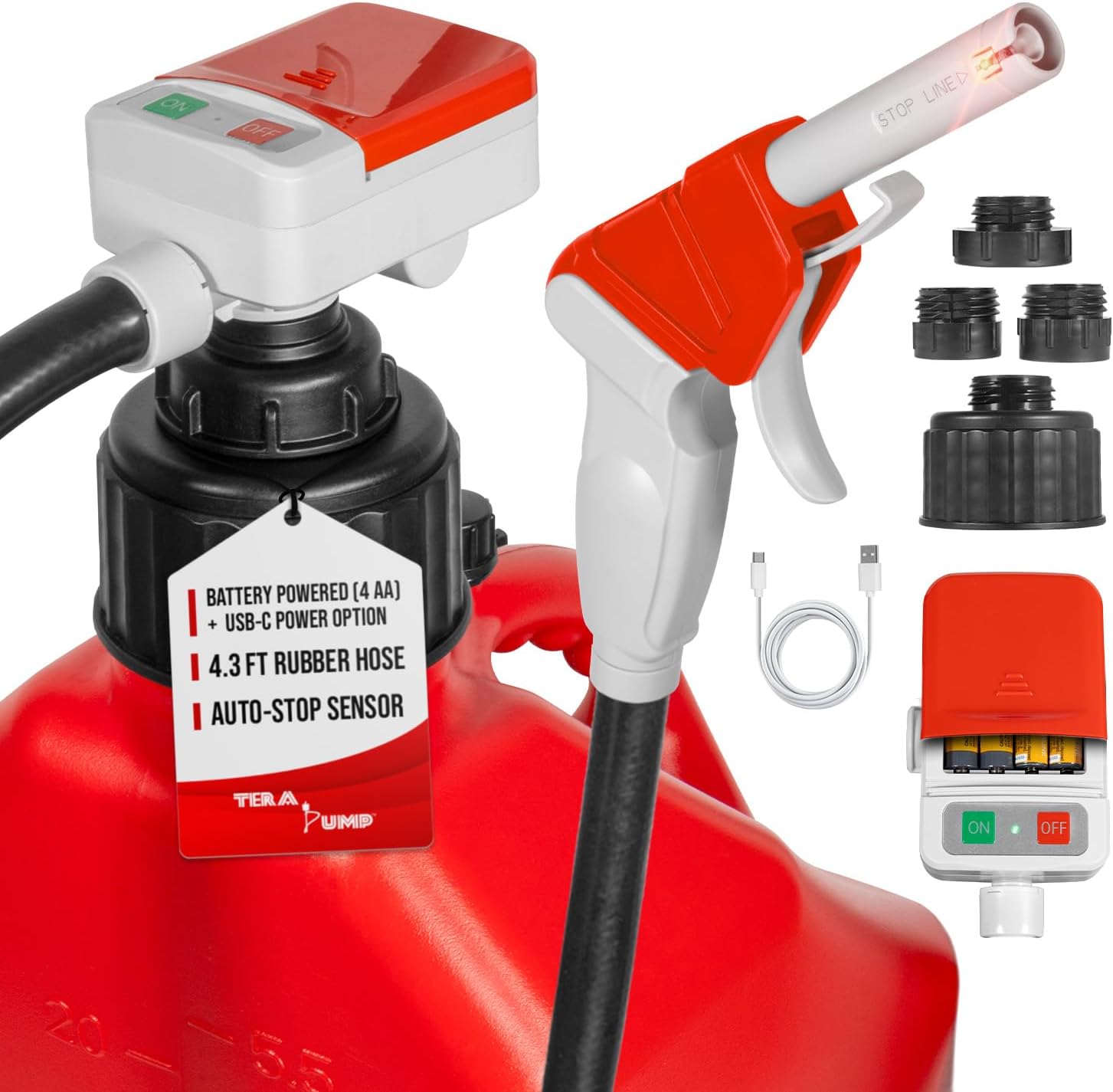 TERA PUMP Battery Powered Liquid Transfer Pump (3.2 GPM) – USB-C or AA Powered with Auto Stop Sensor, 51" Heavy-Duty Rubber Hose, 4 Container Adapters, Ergonomic Flow Control Nozzle