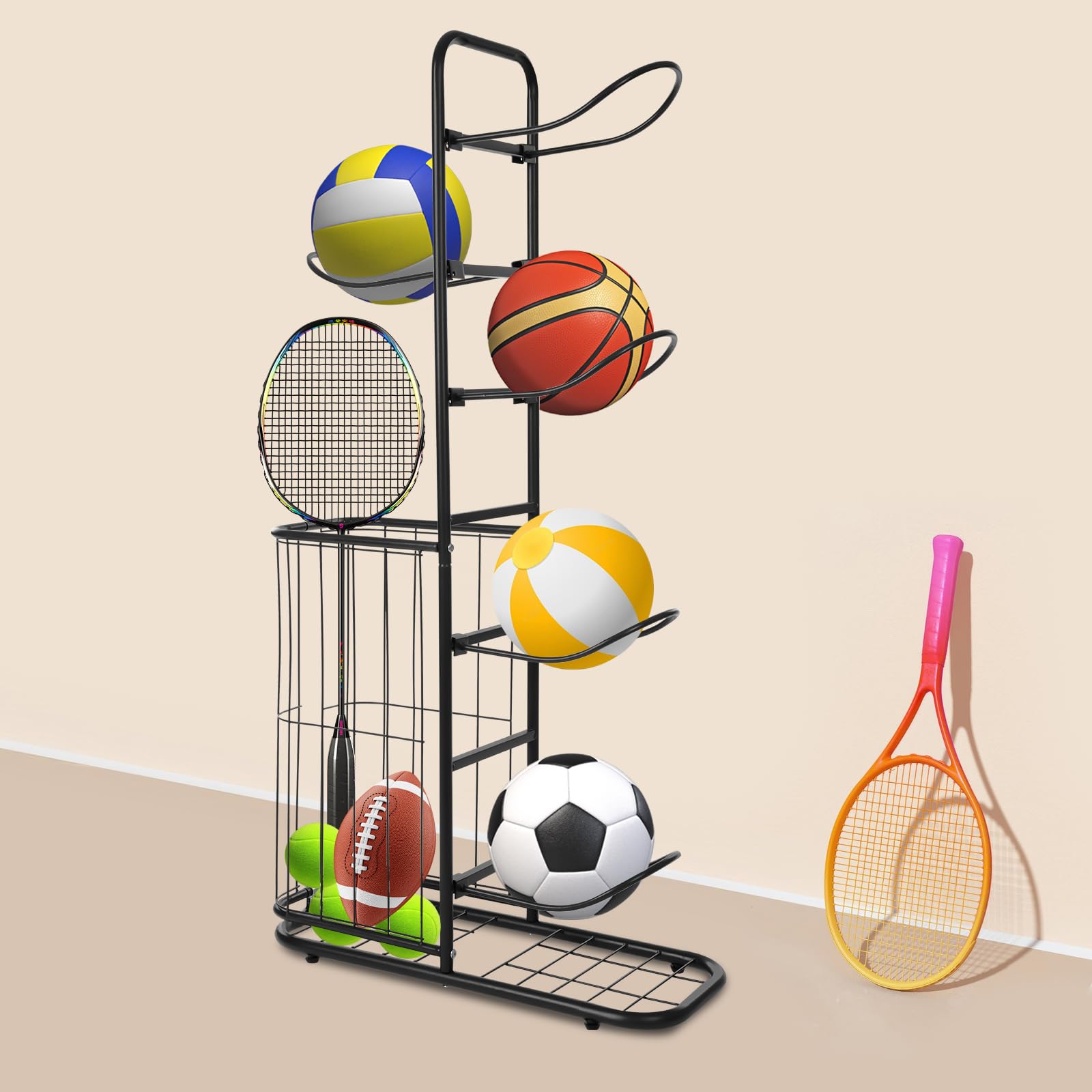 Estantería de almacenamiento de baloncesto, soporte para pelotas con 5 soportes de bolas y cestas, organizador para equipos deportivos, organizador para rugby, voleibol, fútbol