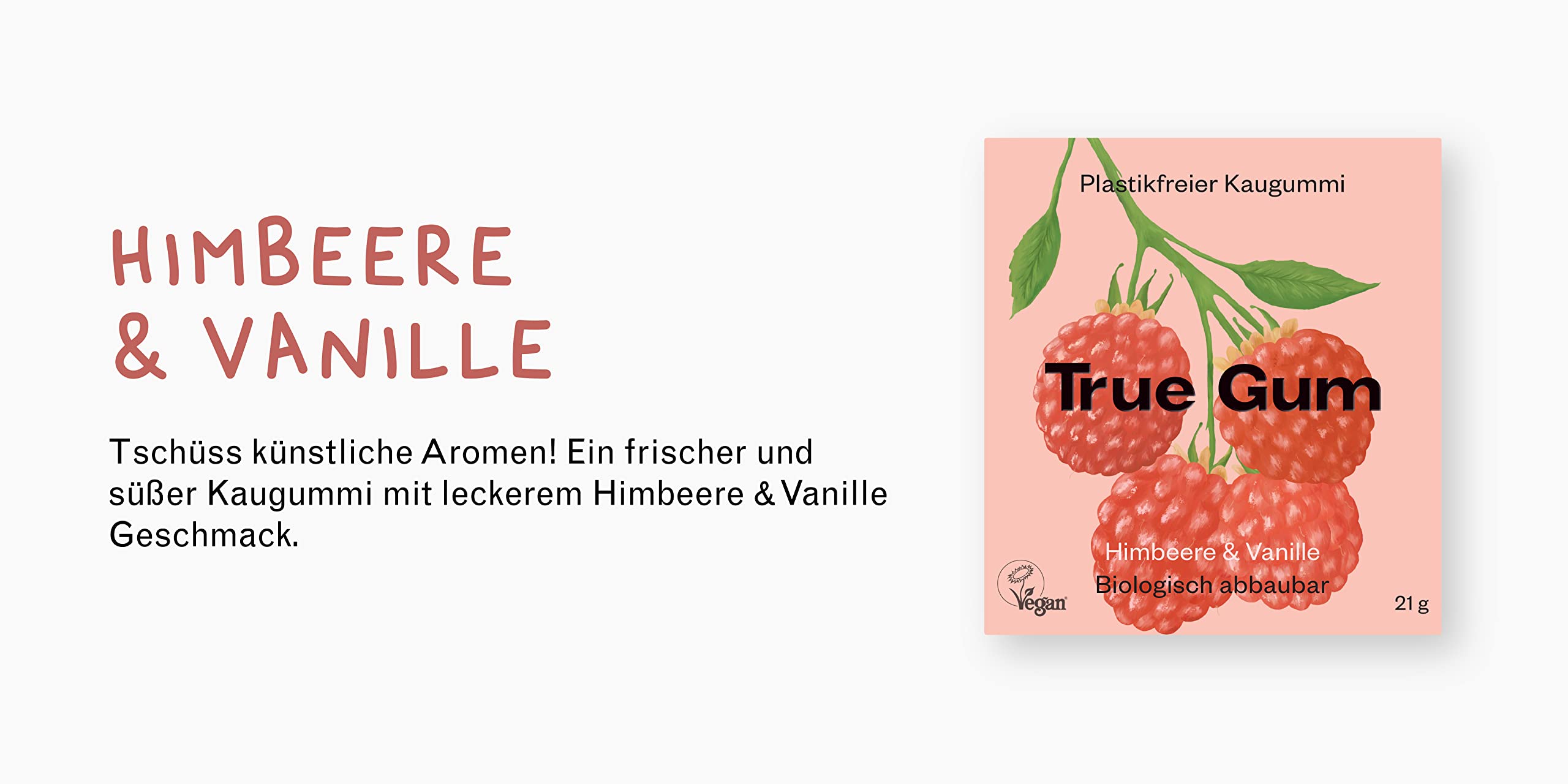True Gum 24er Display: HIMBEERE & VANILLE | Plastikfreier Kaugummi | Biologisch Abbaubar | Vegan | 24 x 21 g, 504 g