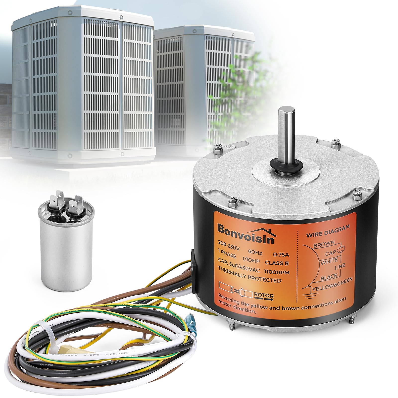 Bonvoisin Condenser Fan Motor 1/10 HP, 1100 RPM, AC Replacement Condenser Fan Motor with Capacitor for Genteq Bryant Payne Dayton, CCW/CW Reversible