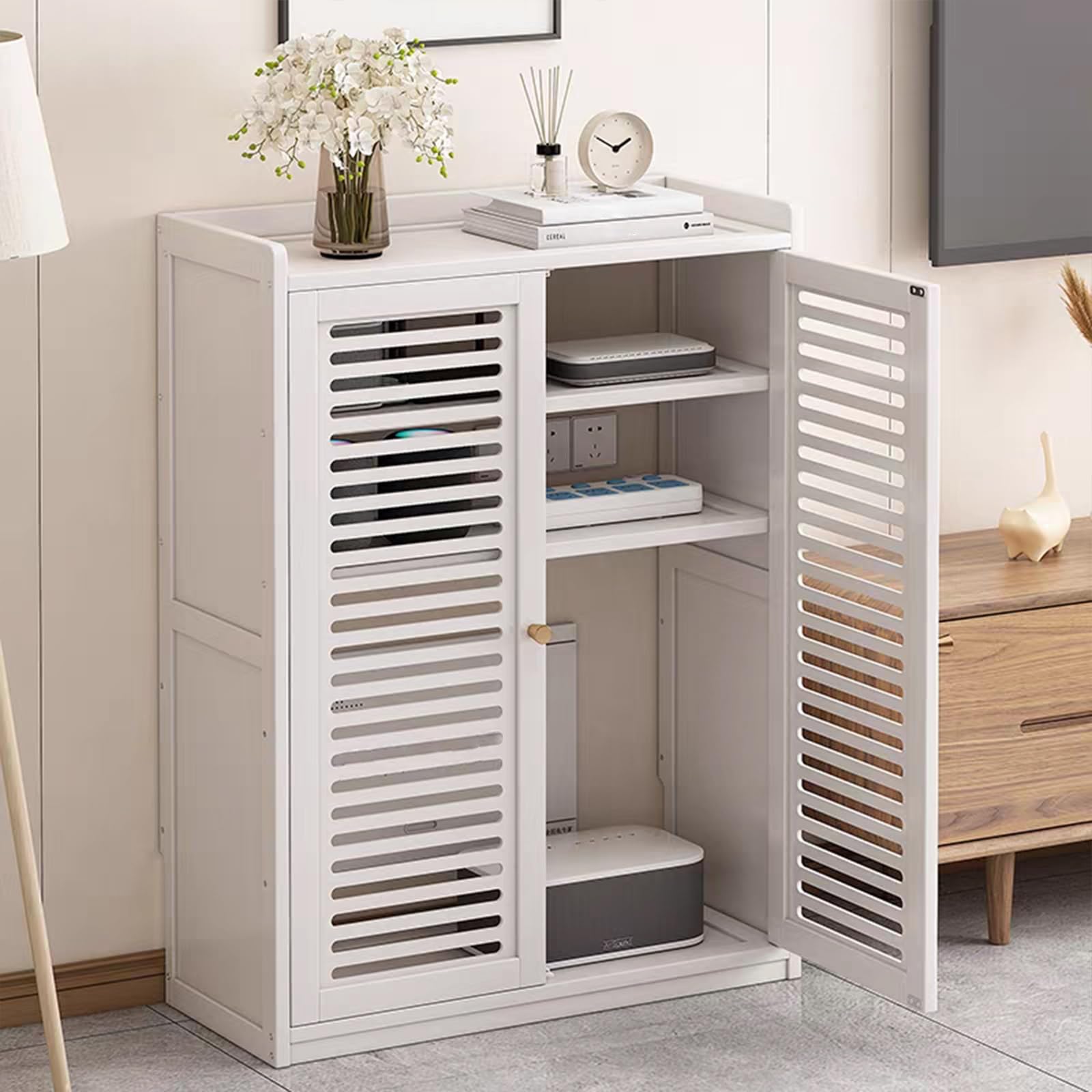 Armadio di archiviazione router e ciabatta elettrica elegante scatola da pavimento per casa ufficio soluzione di gestione dei cavi ventilata design moderno per un facile accesso