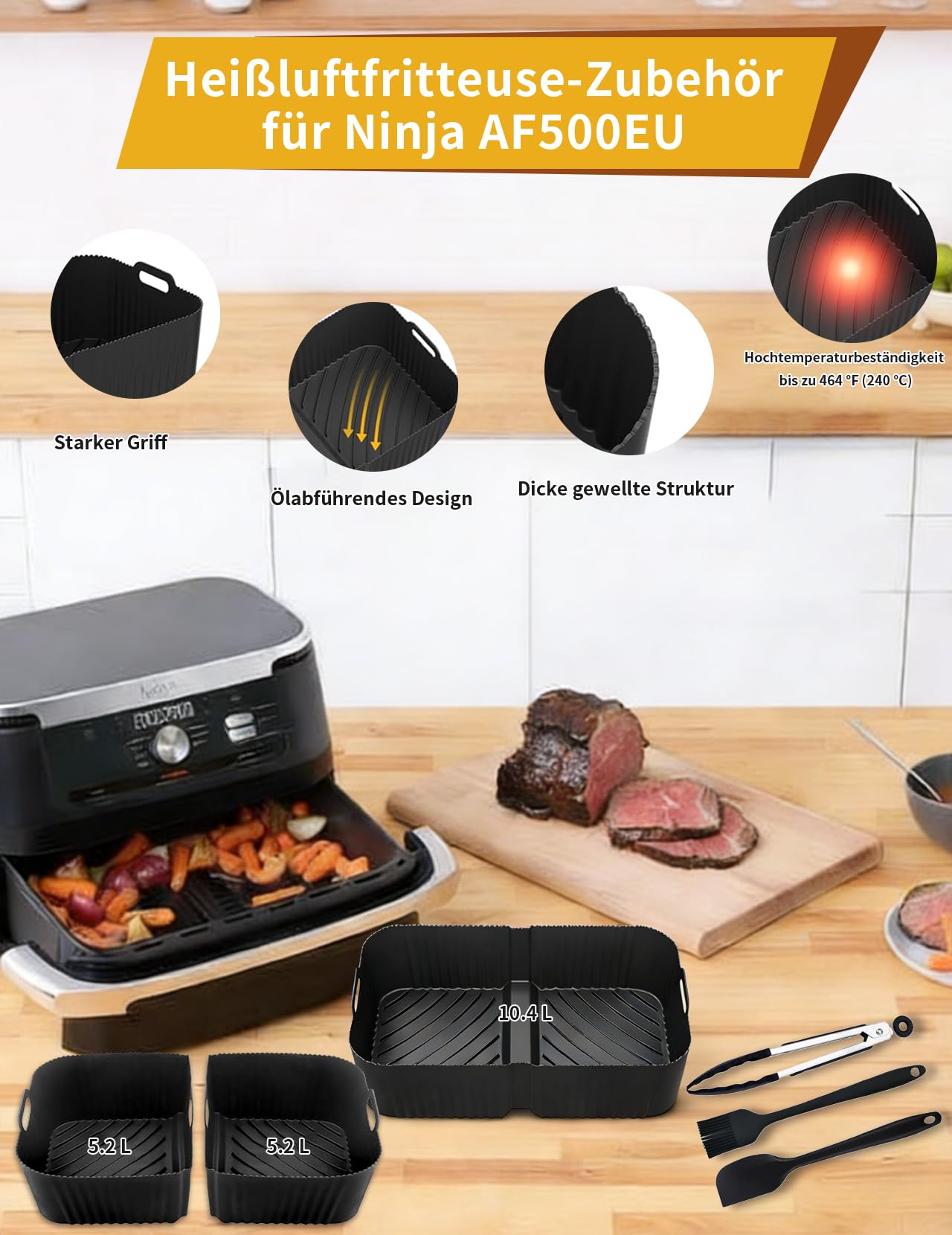 Airfryer akcesoria do Ninja Foodi Flexdrawer AF500EU 1 × 10,4 l i 2 × 5,2 l foremka silikonowa, inne akcesoria w zestawie, przysmaki do pieczenia