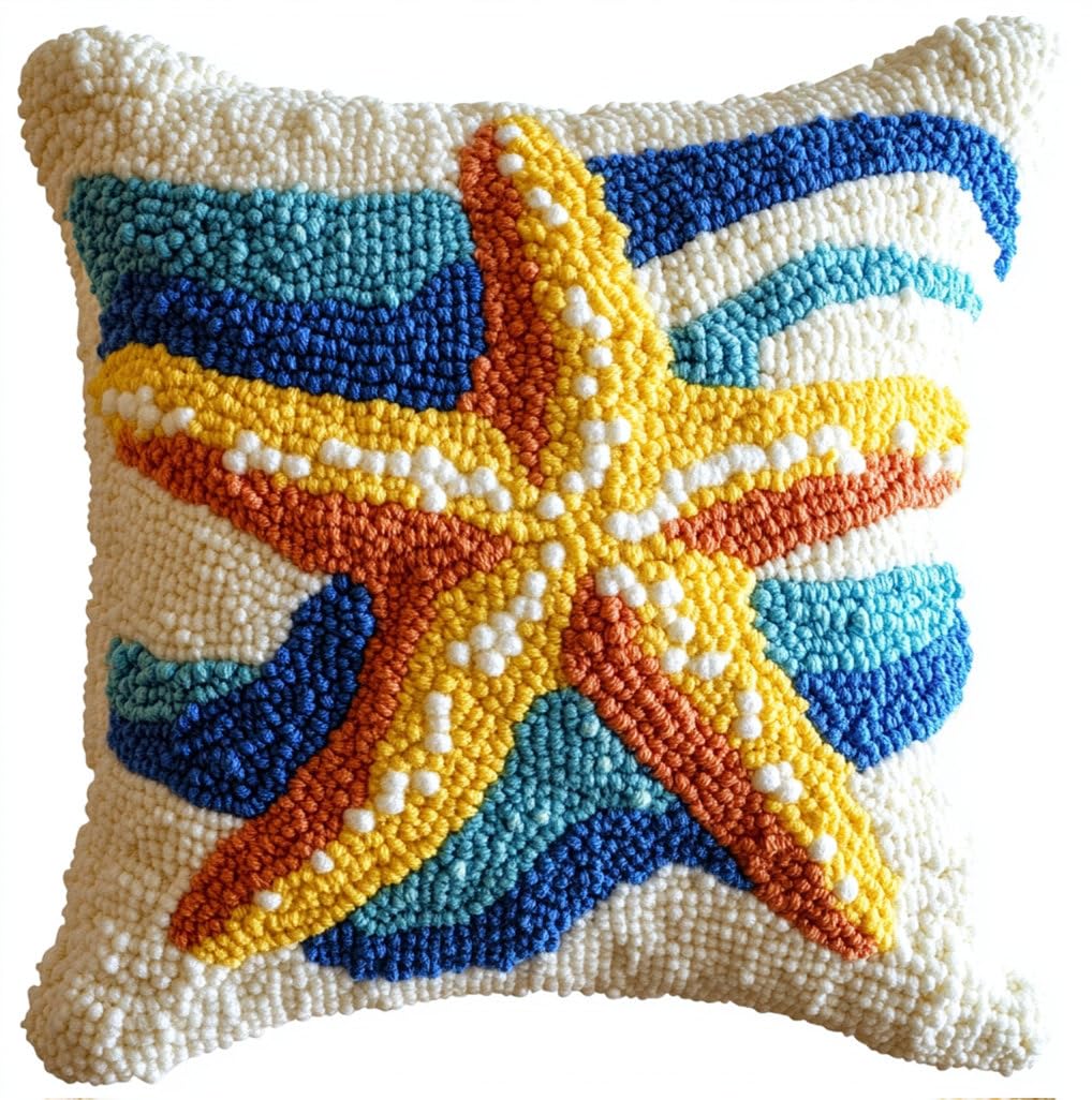 ORLUMY Cartoon Animals Latch Hook Kits Beach Starfish Latch Hook Kit Hanging Needlework Pillow Cover Latch Hook Carpet Kit 17X17 Inch