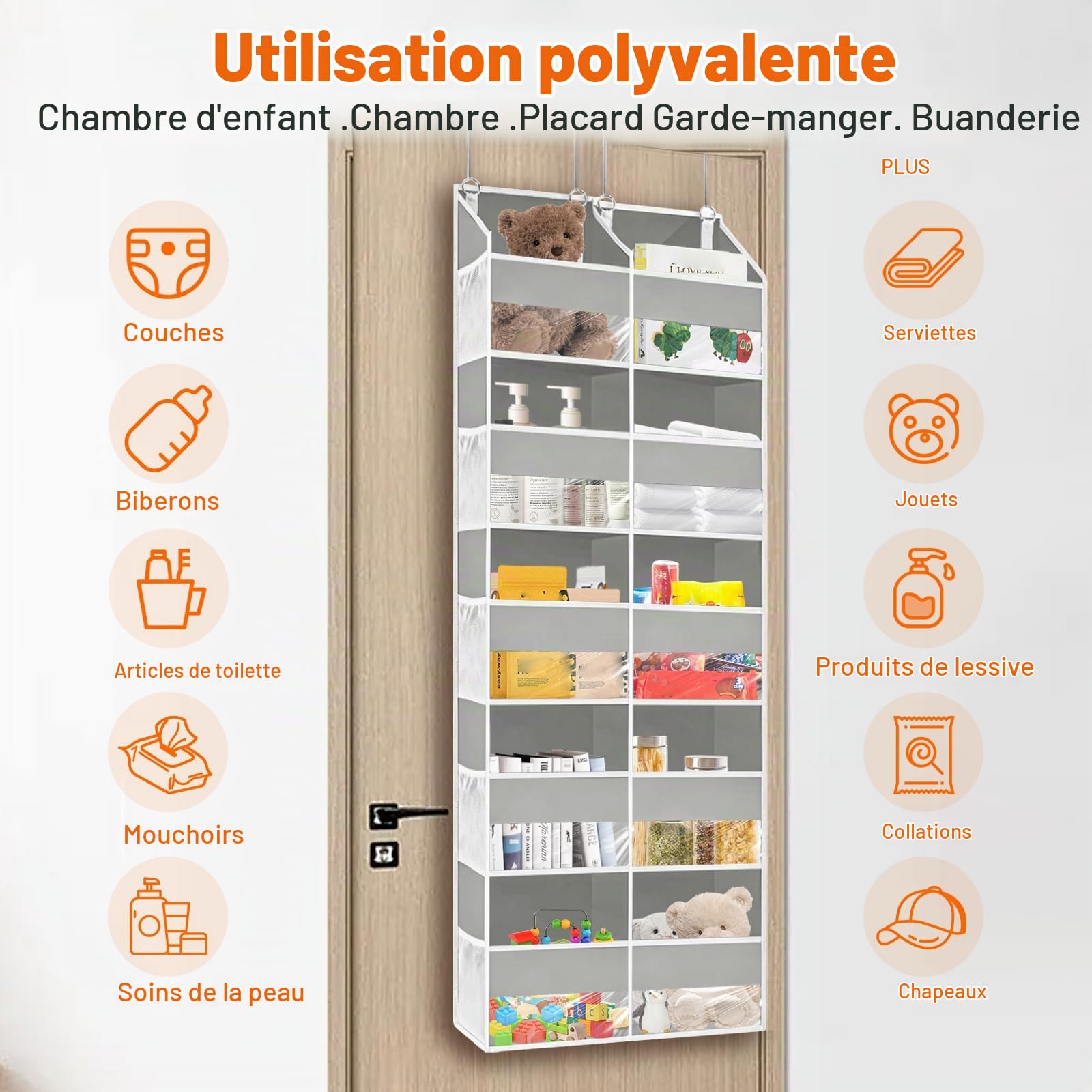 Rangement Suspendu de Porte 1 Pièce, Rangement Porte à Suspendre avec 10 Compartiments 10 Poches en Filet, Etagere Suspendue pour Chambre, Salle de Bain, Cuisine, Van, Camping, Gris