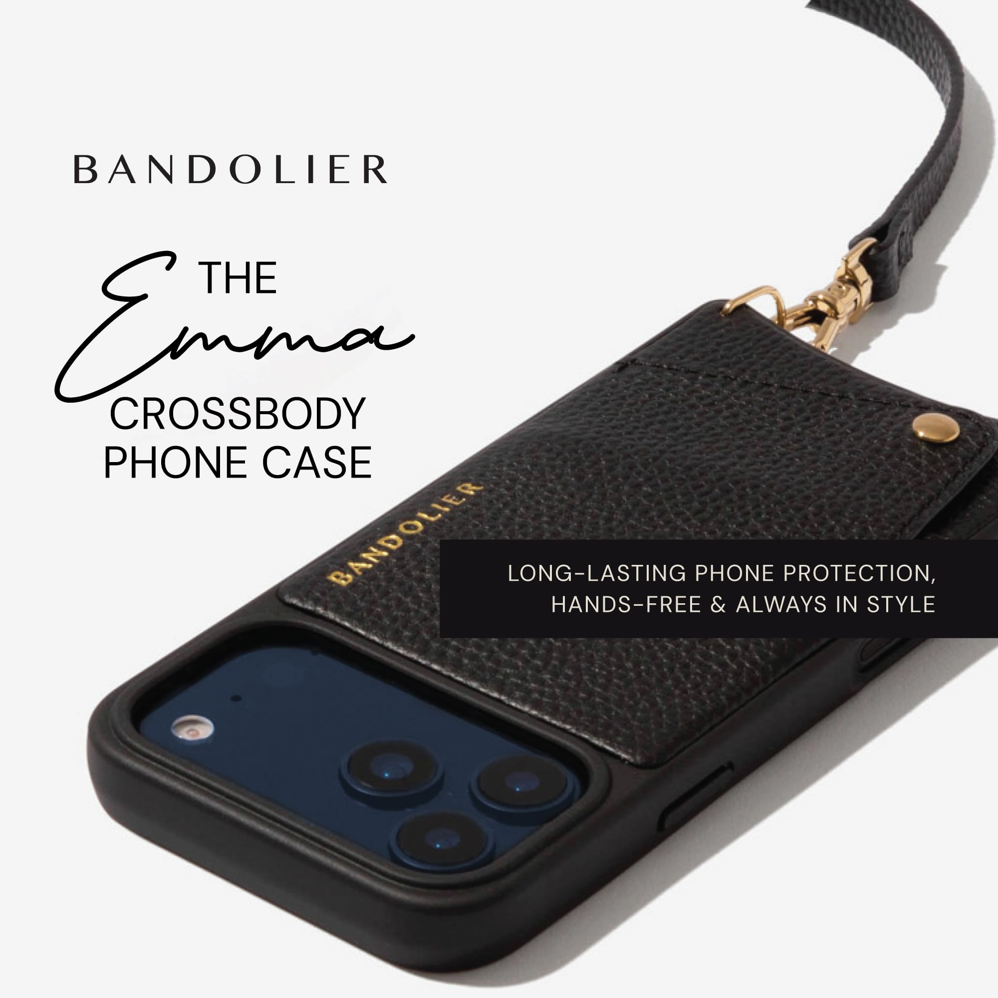 Bandolier Emma Crossbody Wallet Handyhülle für iPhone 17 Pro Kieselleder Verstellbarer & Abnehmbarer Crossbody-Gurt Kartenhalter mit Schnappverschluss Schwarz mit goldfarbenen Beschlägen