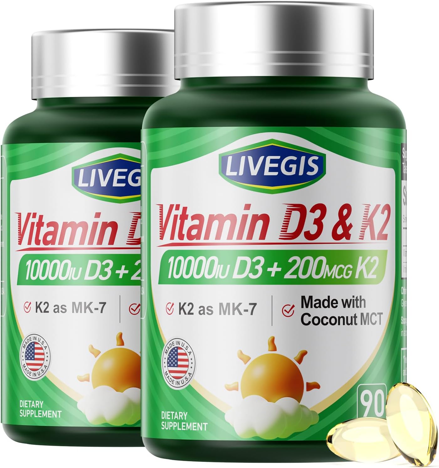 Vitamin D3 K2 Softgels, Vitamin D3 10000 IU with K2 (MK-7) 200 mcg with Coconut Oil Softgels, Supports Calcium Absorption, Bone, Immune and Heart Health – 90 Counts * 2 Packs
