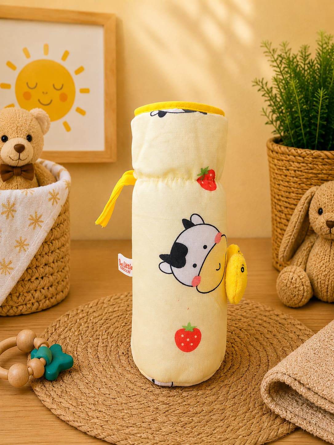 THE LITTLE LOOKERS Soft Plush Stretchable Baby Feeding Bottle Cover with Easy to Hold Strap | Cute Animated Overall Print Pack of 2 (Pink & Yellow, Narrow Neck 240ml/8oz) 3