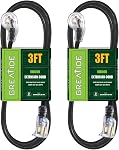 6 Ft 14/3 Flat Plug Lighted Extension Cord, Heavy Duty 14 AWG 3 Prong Grounded White Low Profile Extension Cable for Indoor Outdoor, 2 Pack, UL Listed