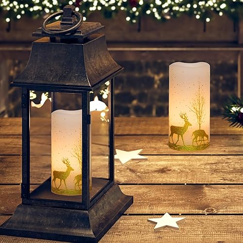 Miniatura 6 de Paquete de 2 velas LED parpadeantes sin llama, velas de cera a pilas con temporizador remoto, velas de pilar sin llama con calcomanía de ciervo del