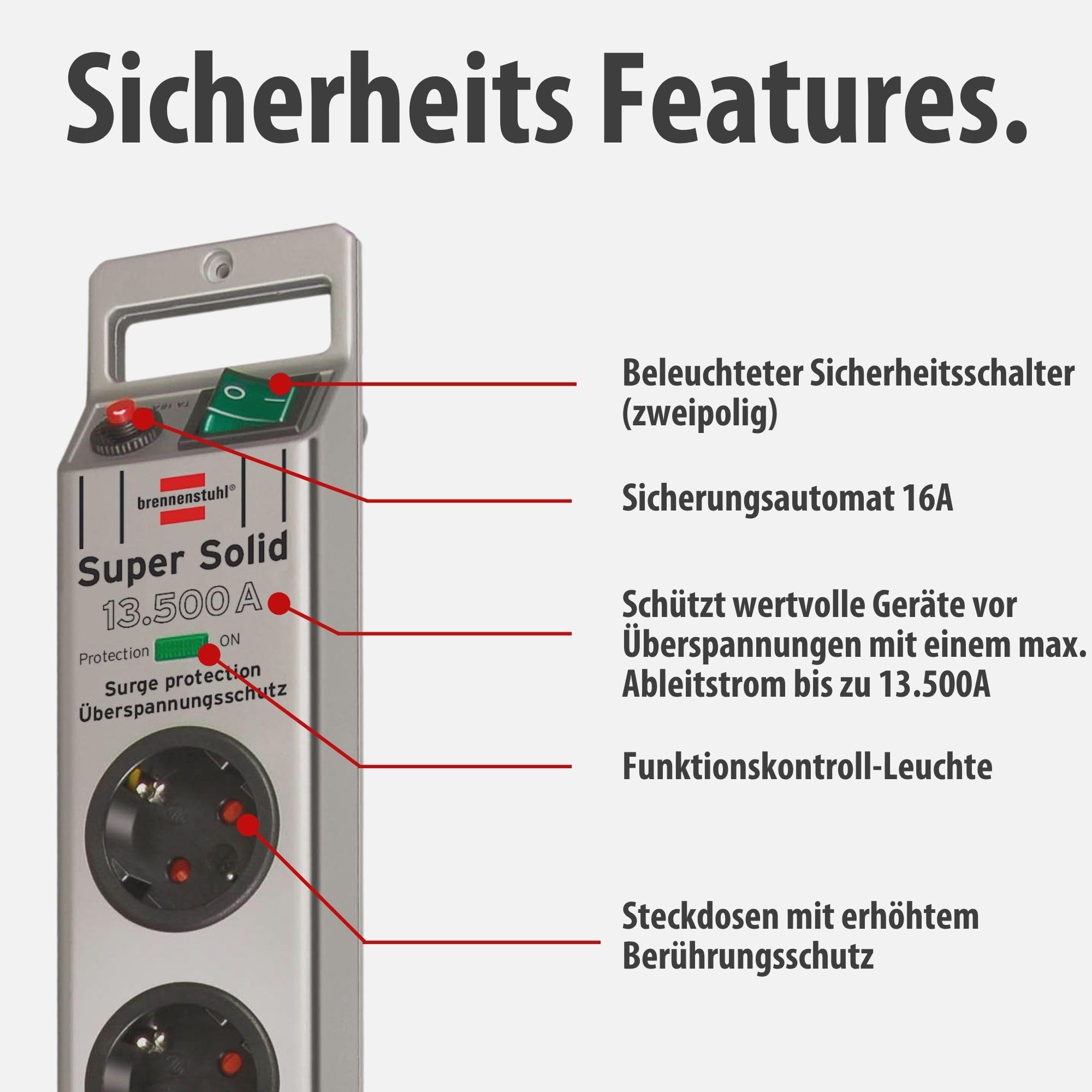 Brennenstuhl Super-Solid regleta de 5 enchufes con protección contra sobretensiones (regleta eléctrica con Cable de 2,5m e Interruptor - de policarbonato Resistente a la Rotura) Plata