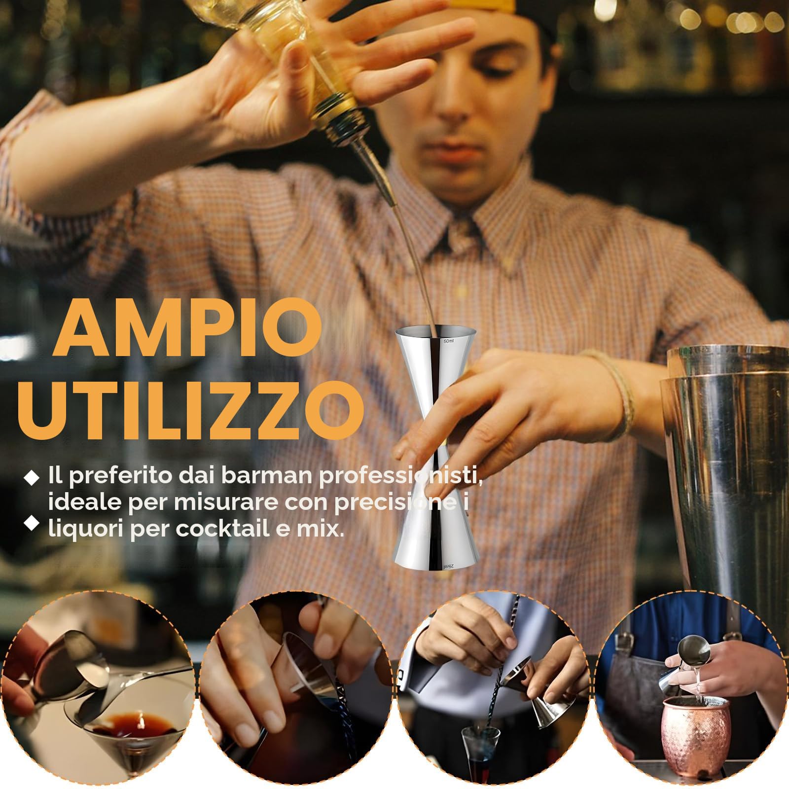 Delgeo Jigger-Spirit da Cocktail in Acciaio Inossidabile, Misurino per Bevande da Barista Professionale, Misurino Singolo/Doppio con Segno di Scala Integrato: 25/50ml (Argento)