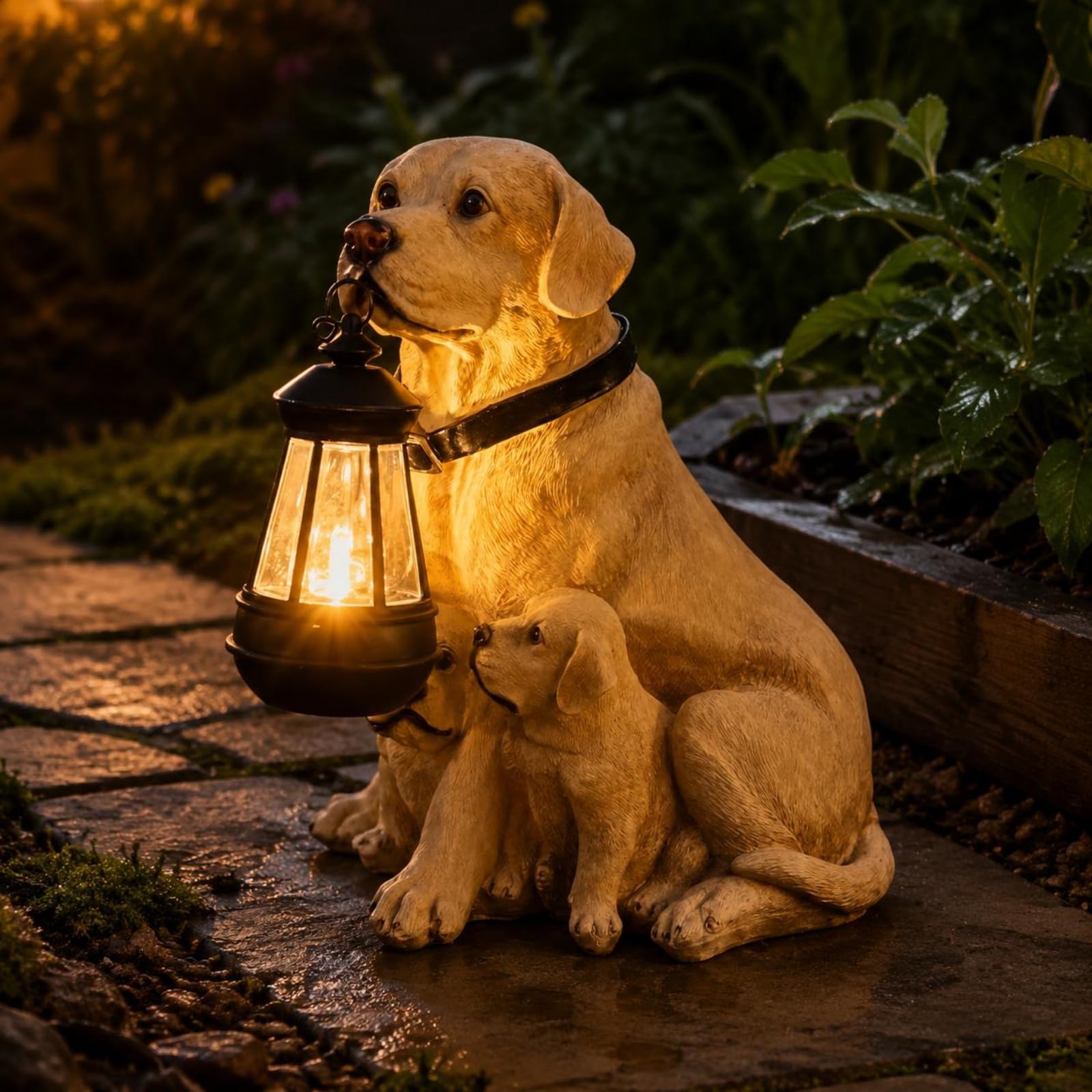 Figura de Perro con Farol Solar Adorno de Perro con Luz Solar Decoración Nocturna Figura Cachorro Farol para Jardín, Golden Retriever