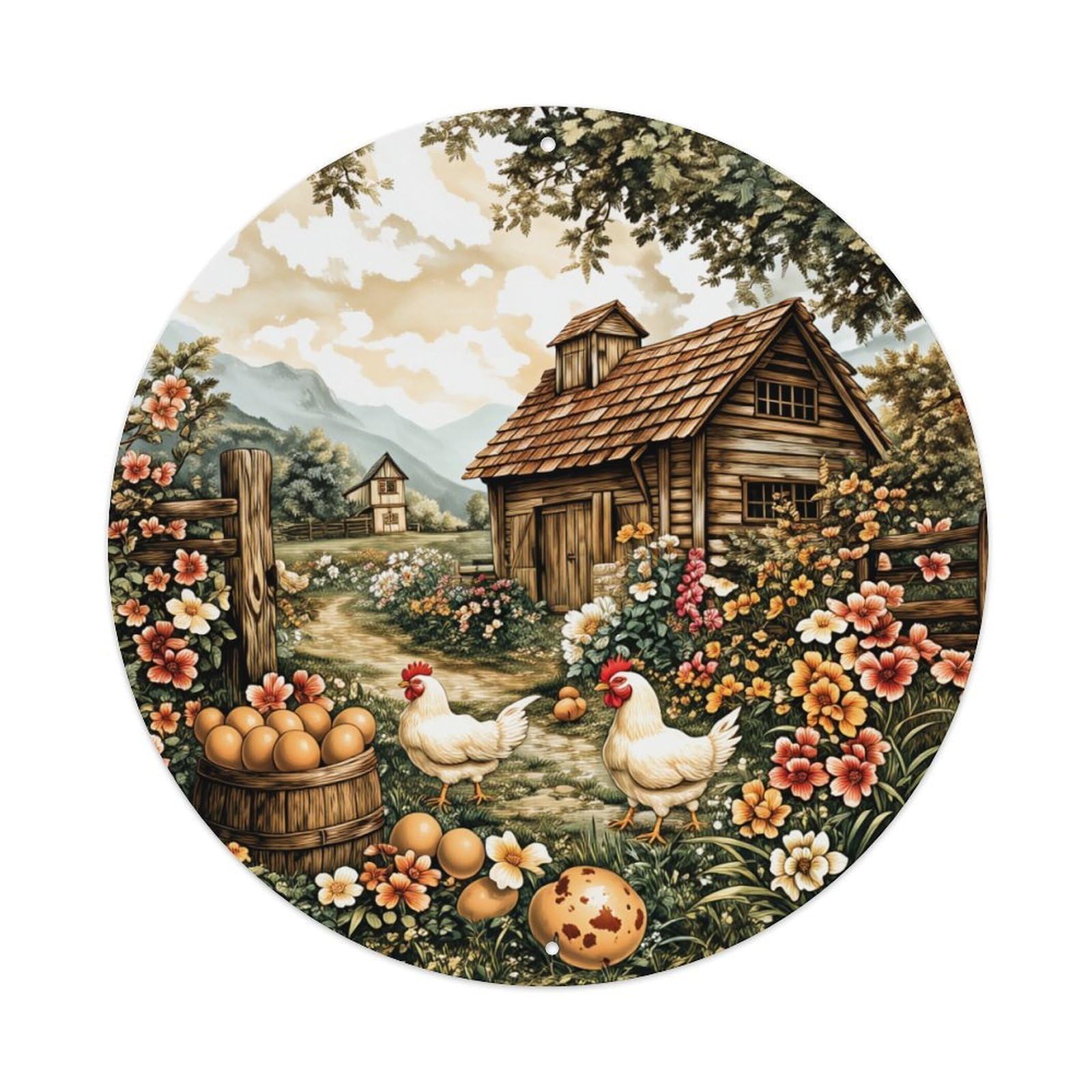 Farmhouse Chickens Flowers Basket Eggs Round Tin Sign Vintage Metal Poster, Home Bar Garage Man Cave Cafe Indoor & Outdoor Wall Decoration 8x8Inches