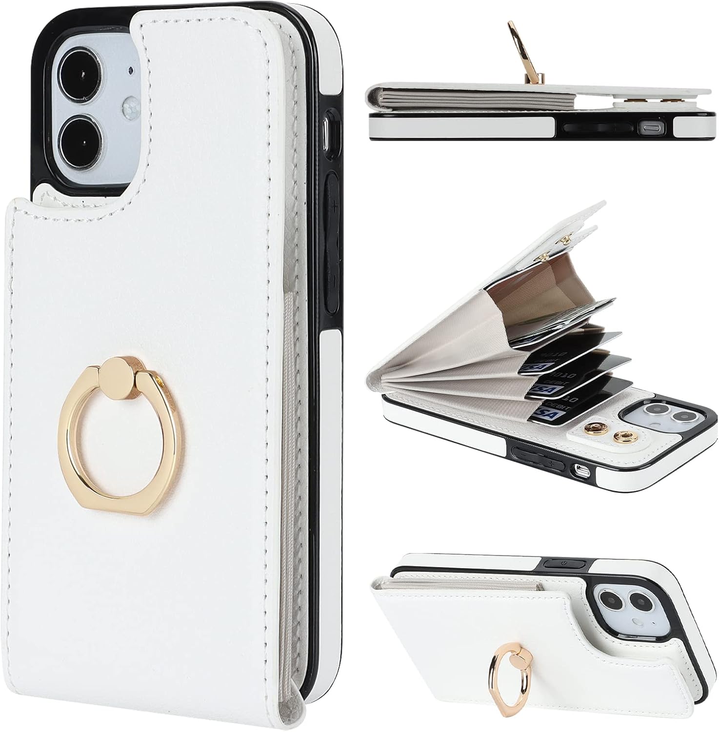 Folosu Compatible with iPhone 12 Mini Case Wallet with Card Holder, 360°Rotation Finger Ring Holder Kickstand Protective RFID Blocking PU Leather Double Buttons Flip Cover 5.4 Inch White