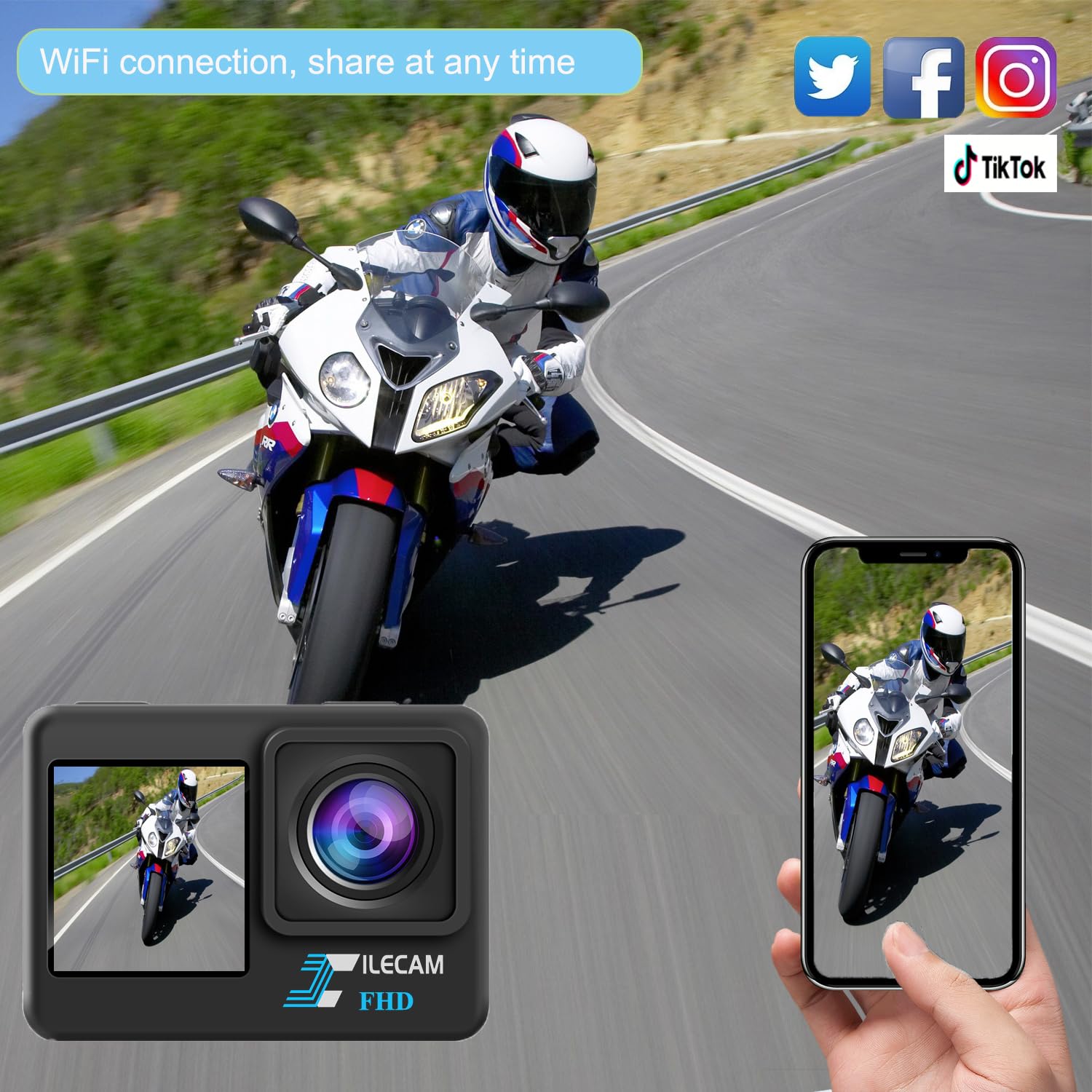 Xilecam Caméra Sport Double écran 1080P WiFi étanche 40M avec 2 Batteries 1050 mAh (L300)