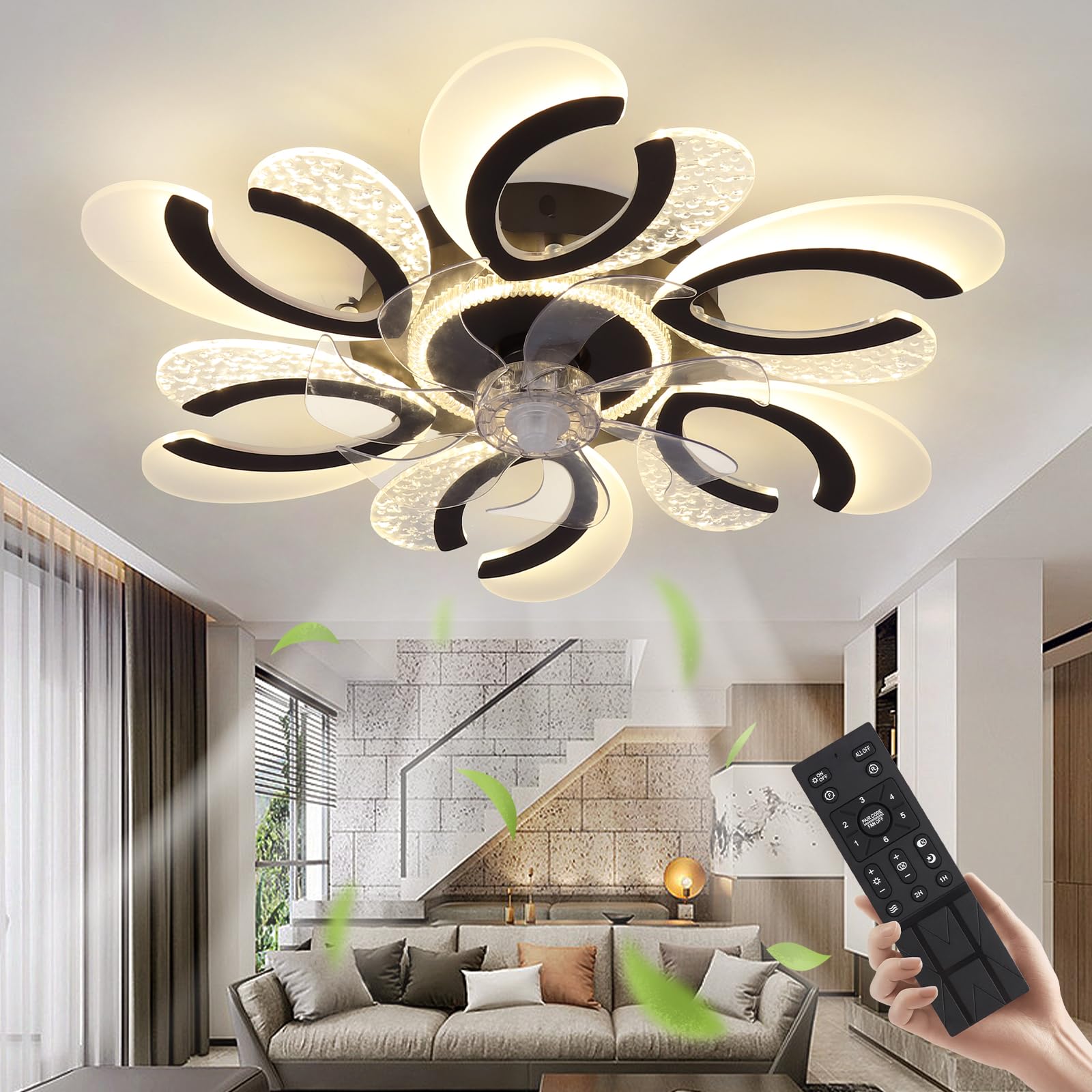 Nogcew Modern Ceiling Fan with Lights, 26 Inch Flush Mount Ceiling Fan with Remote and APP Control Dimmable Reversible,Black Low Profile Ceiling Fan
