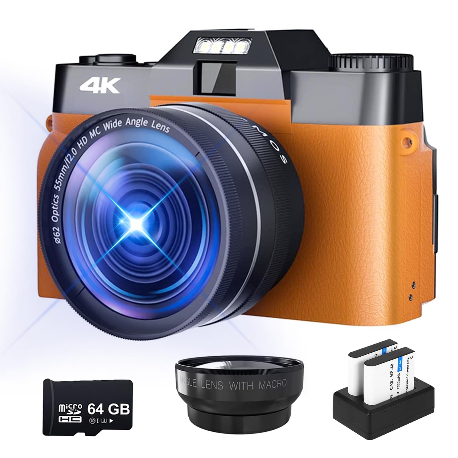 GN Digital Cameras for Photography, 4K 48MP Vlogging Camera 16X Digital Zoom Manual Focus Rechargeable Students Compact Camera with 64G TF Card and 2 Batteries (Orange)