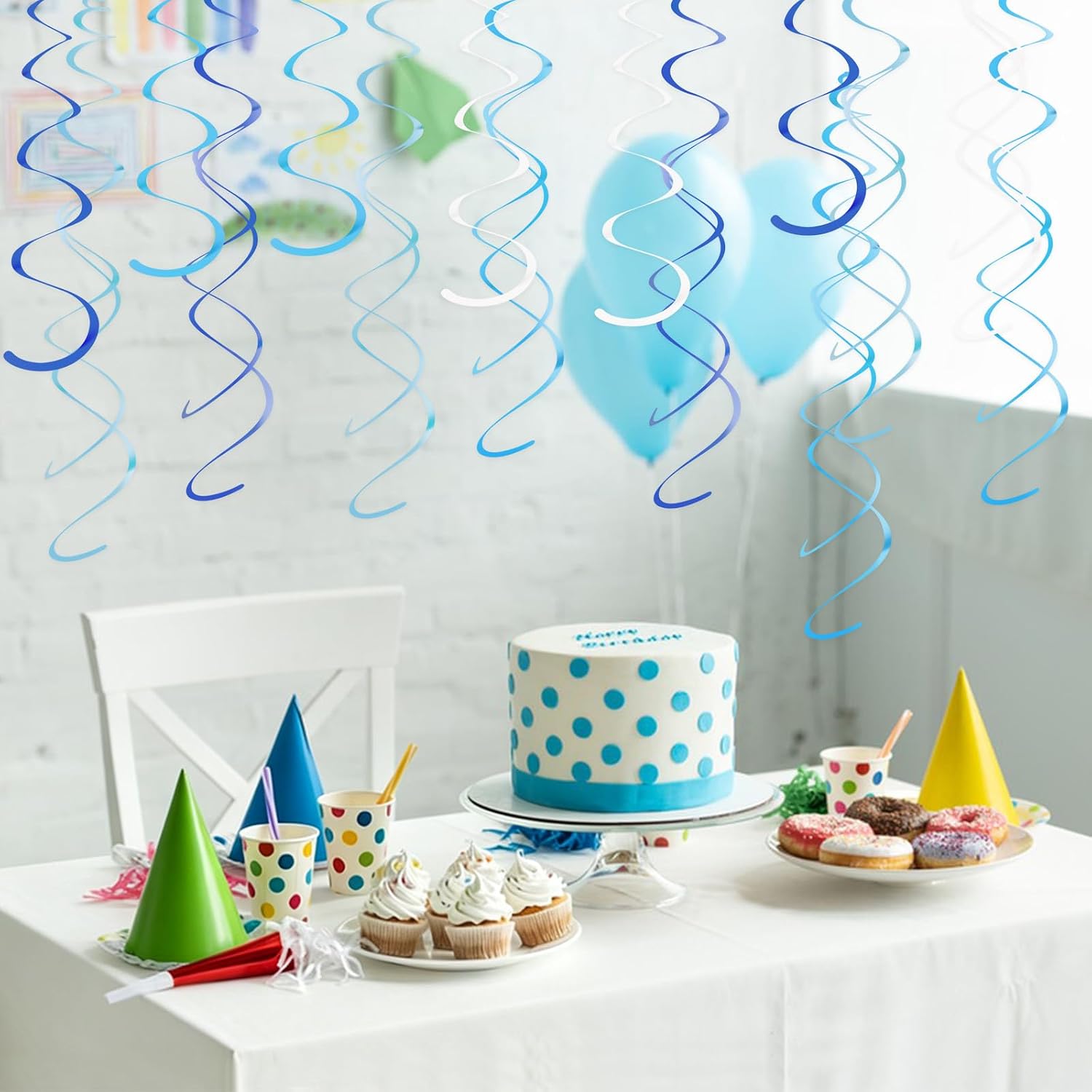 48Pcs Blue Hanging Swirl Decorations, Plastic Single & Double Blue White Streamer Swirls Ceiling Spiral Party Decorations for Birthday Wedding Under The Sea Nautical Graduation Party Supplies