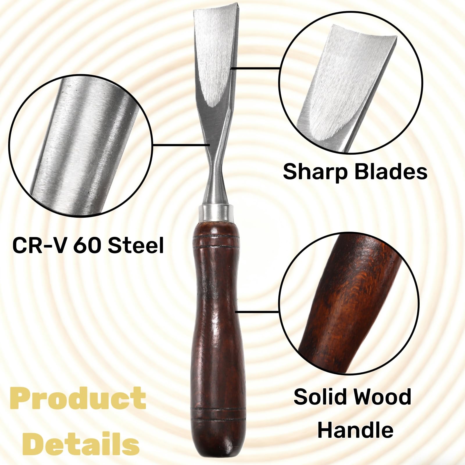 Covzoe Paquete de 12 herramientas de tallado de madera, juego de cinceles finamente elaborados con caja de madera, hoja de borde de acero CR-V con mango de madera premium, herramientas profesionales