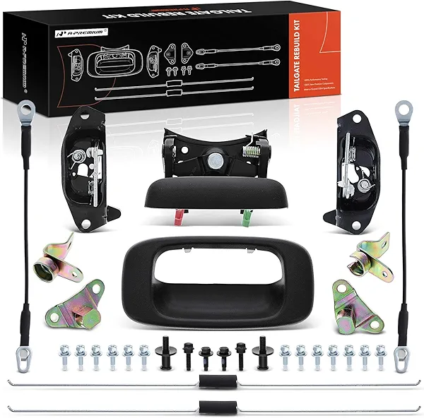A-Premium Tailgate Plastic Handle Latch Rebuild Kit Compatible with 1999-2007 Chevrolet Silverado 1500 2500 3500 & GMC Sierra, Rear Tail Gate Parts Lock Handle Bezel Cable Rod Hinge Bolt, 31-PC Set