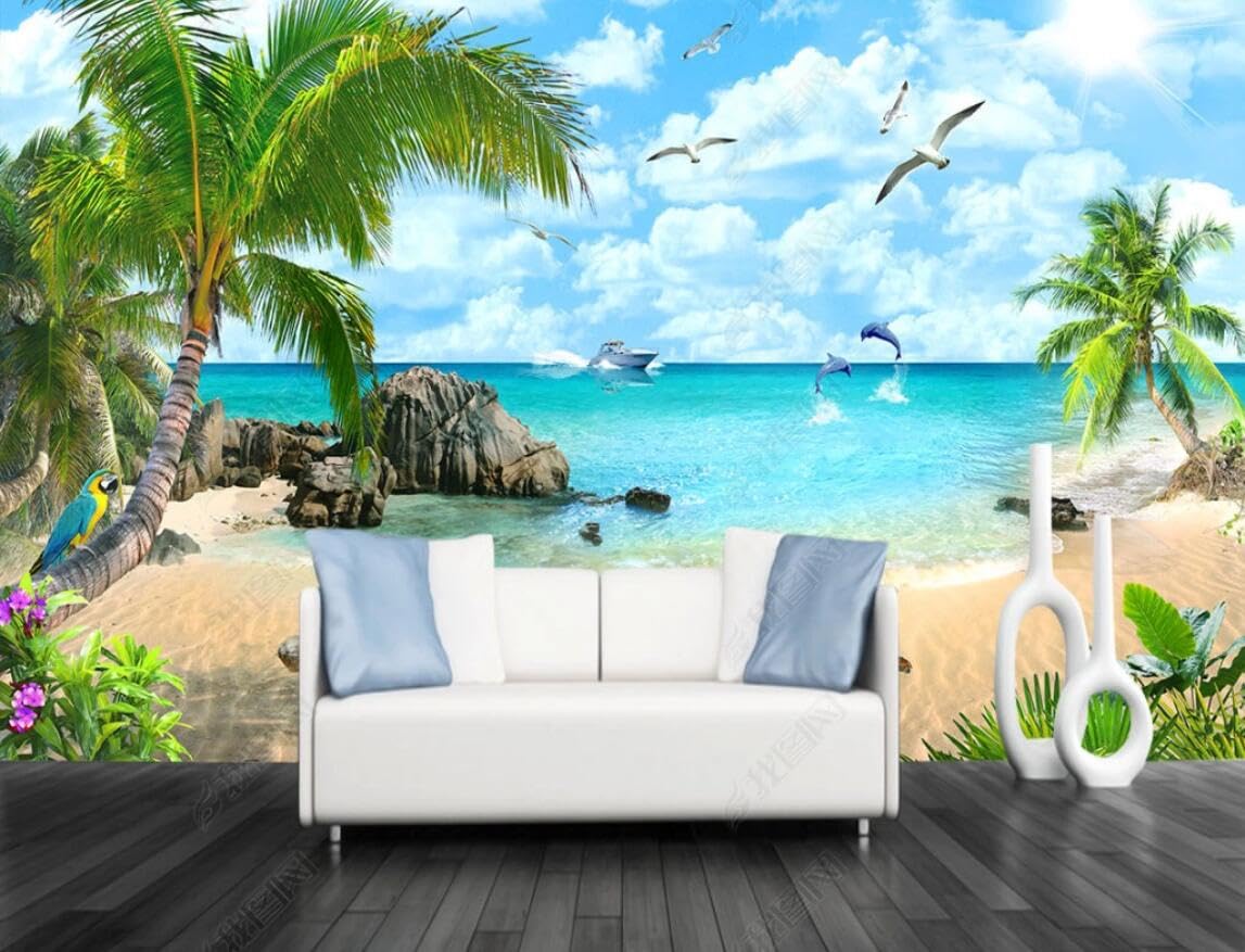 Papier Peint Panoramique Plage Cocotiers Verts | Tapisserie Murale 3D