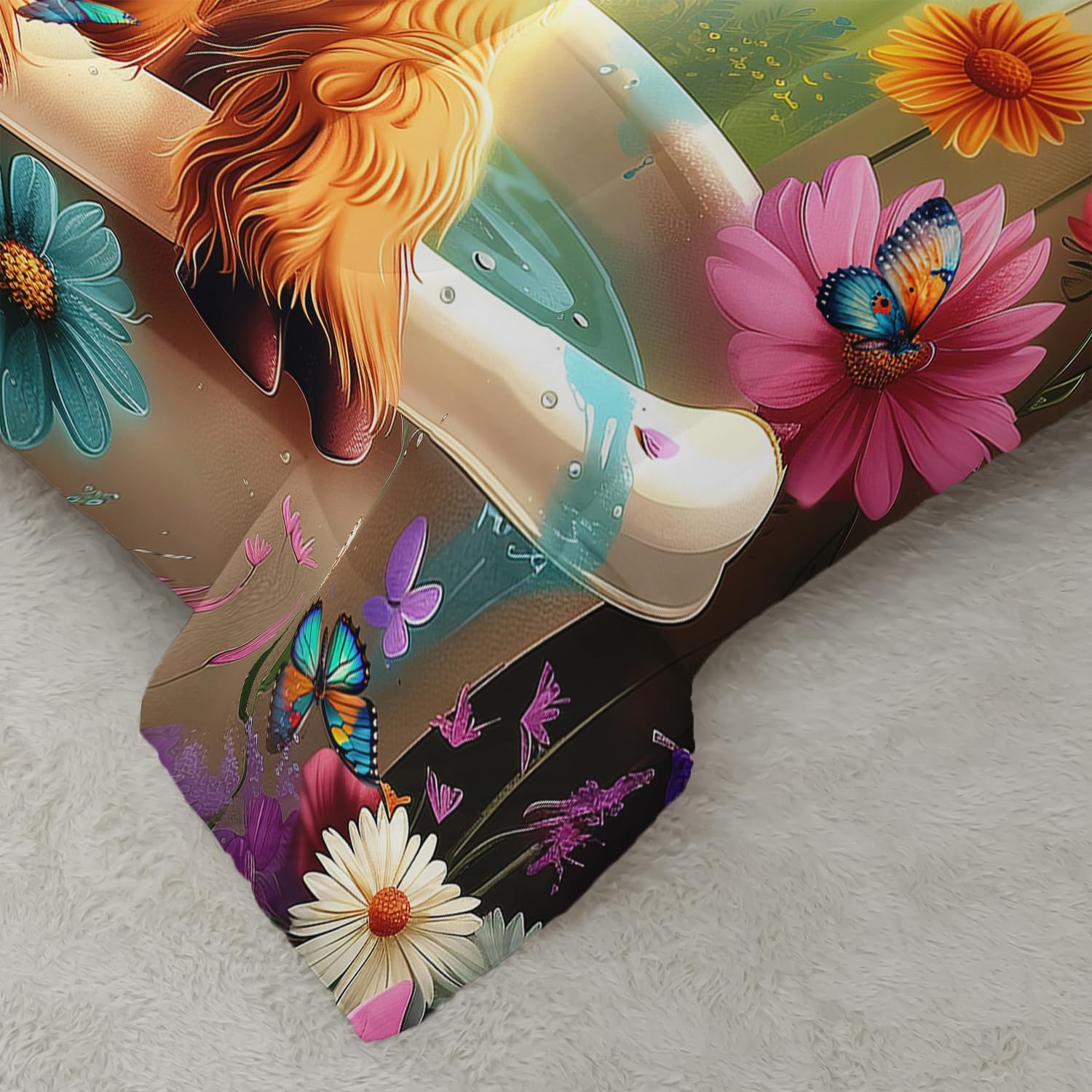 Kawaii Wildlife Farmhouse Cow Comforter 3Pcs Twin Western Funny Animal Highland Cow Bedding Set for Kid Teen Girl Boy Butterfly Flower Cattle Quilt Bed Decor with 1 Comforter and 2 Pillowcases