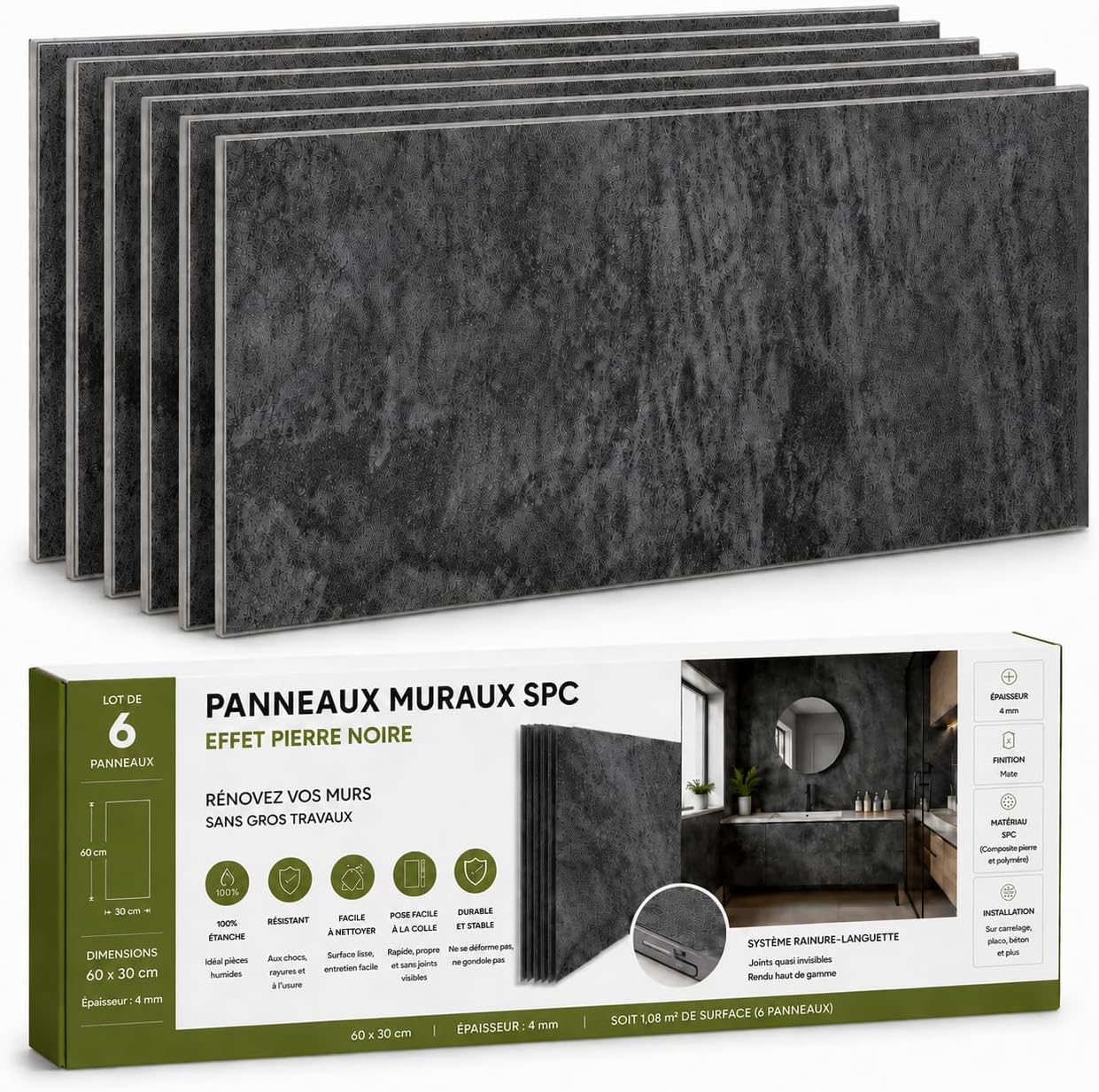 Panel 3D piedra negra SPC para baño y cocina (1,08 m²)