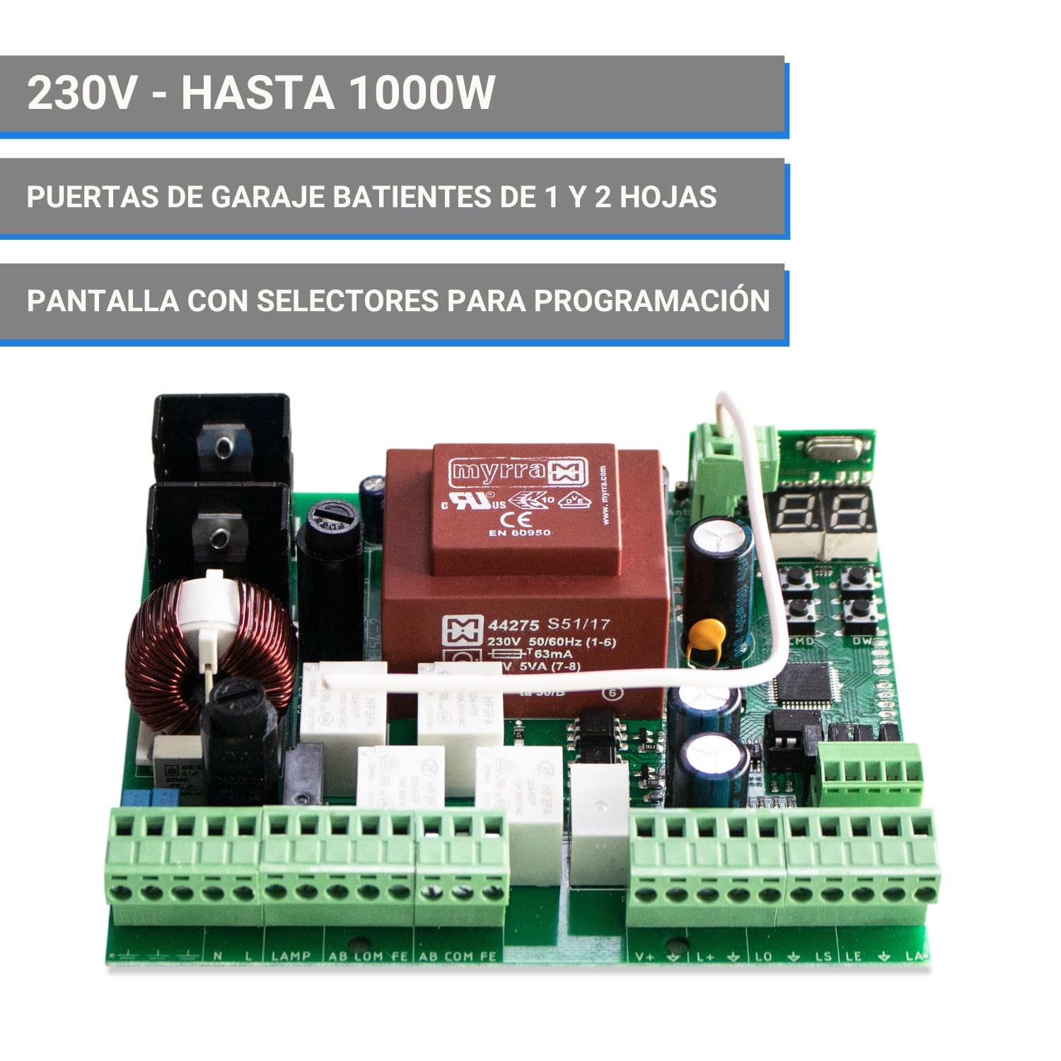 Motorline MC52 Central de maniobras avanzado universal, cuadro de control para motores monofasicos a 230v hasta 1000w de puertas batientes de garaje y parking, para 1 o 2 motores, central sustitución.